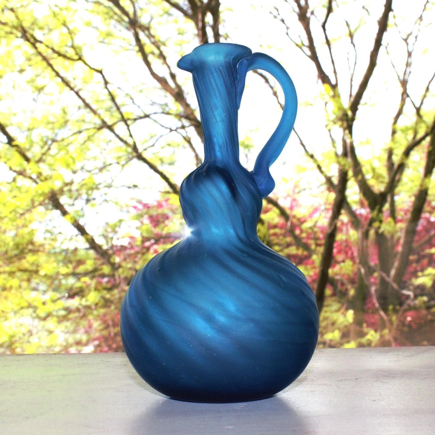Hand Blown Teal Glass Vase: Art Glass Pitcher with Pontil Mark