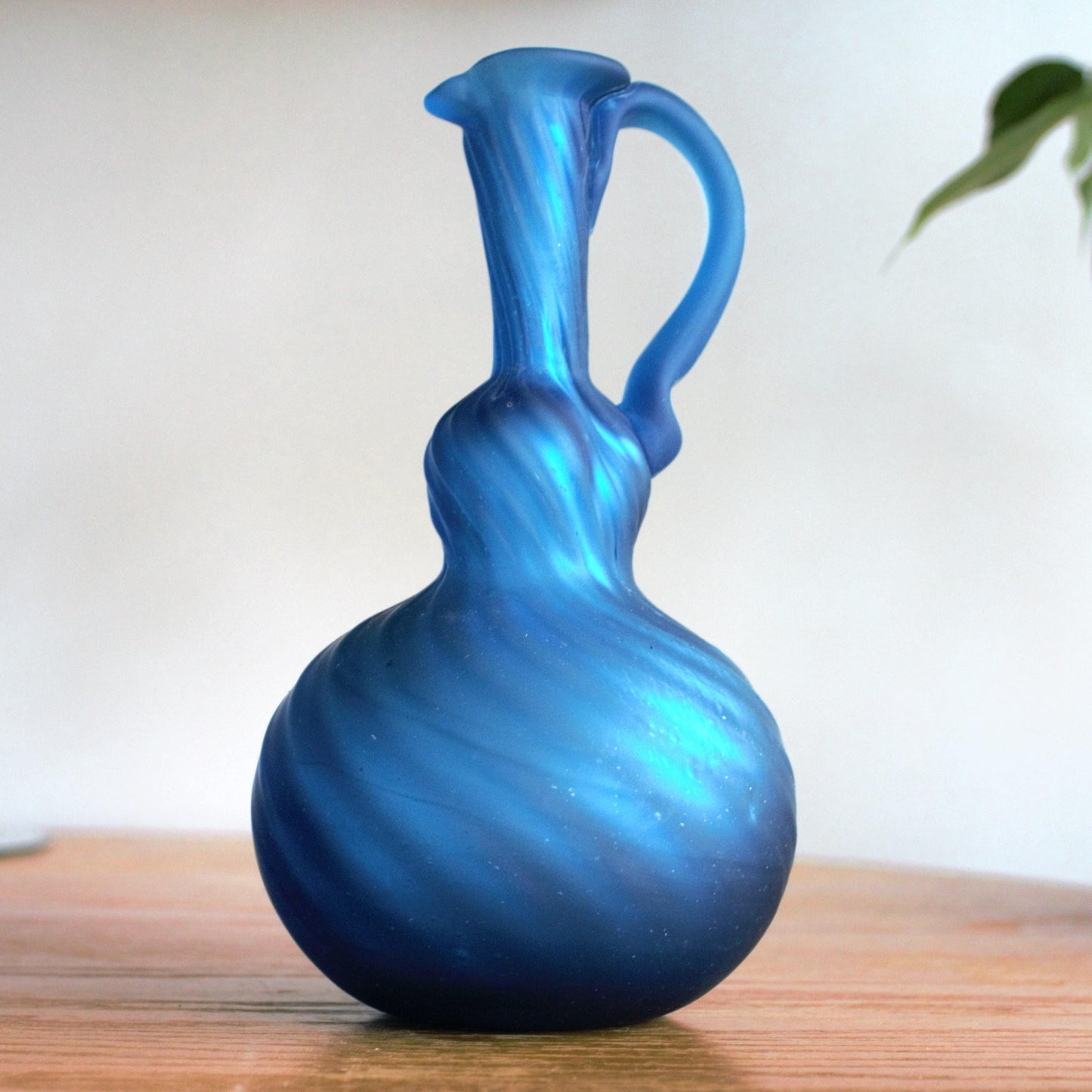Hand Blown Teal Glass Vase: Art Glass Pitcher with Pontil Mark