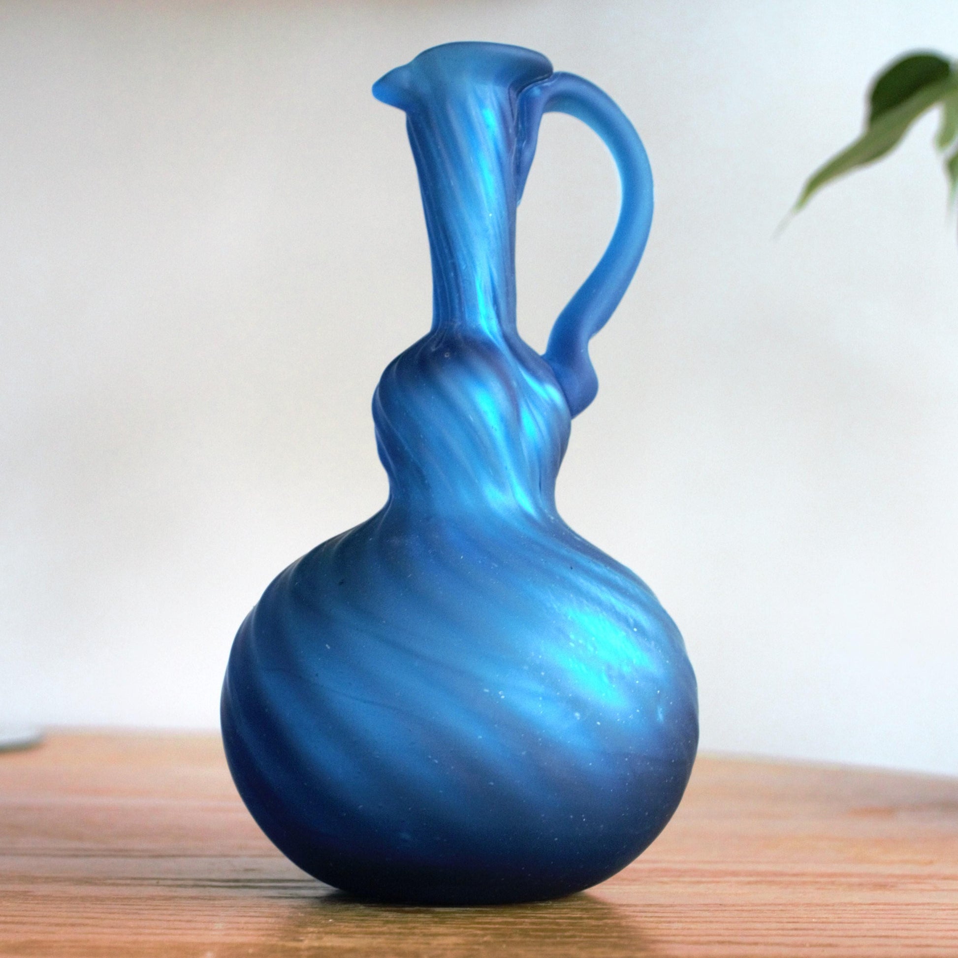Hand Blown Teal Glass Vase: Art Glass Pitcher with Pontil Mark
