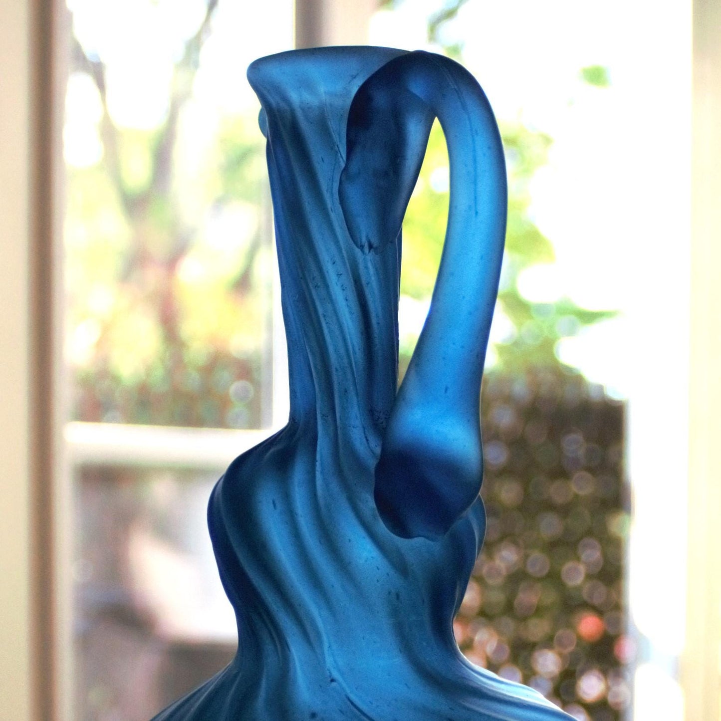 Hand Blown Teal Glass Vase: Art Glass Pitcher with Pontil Mark