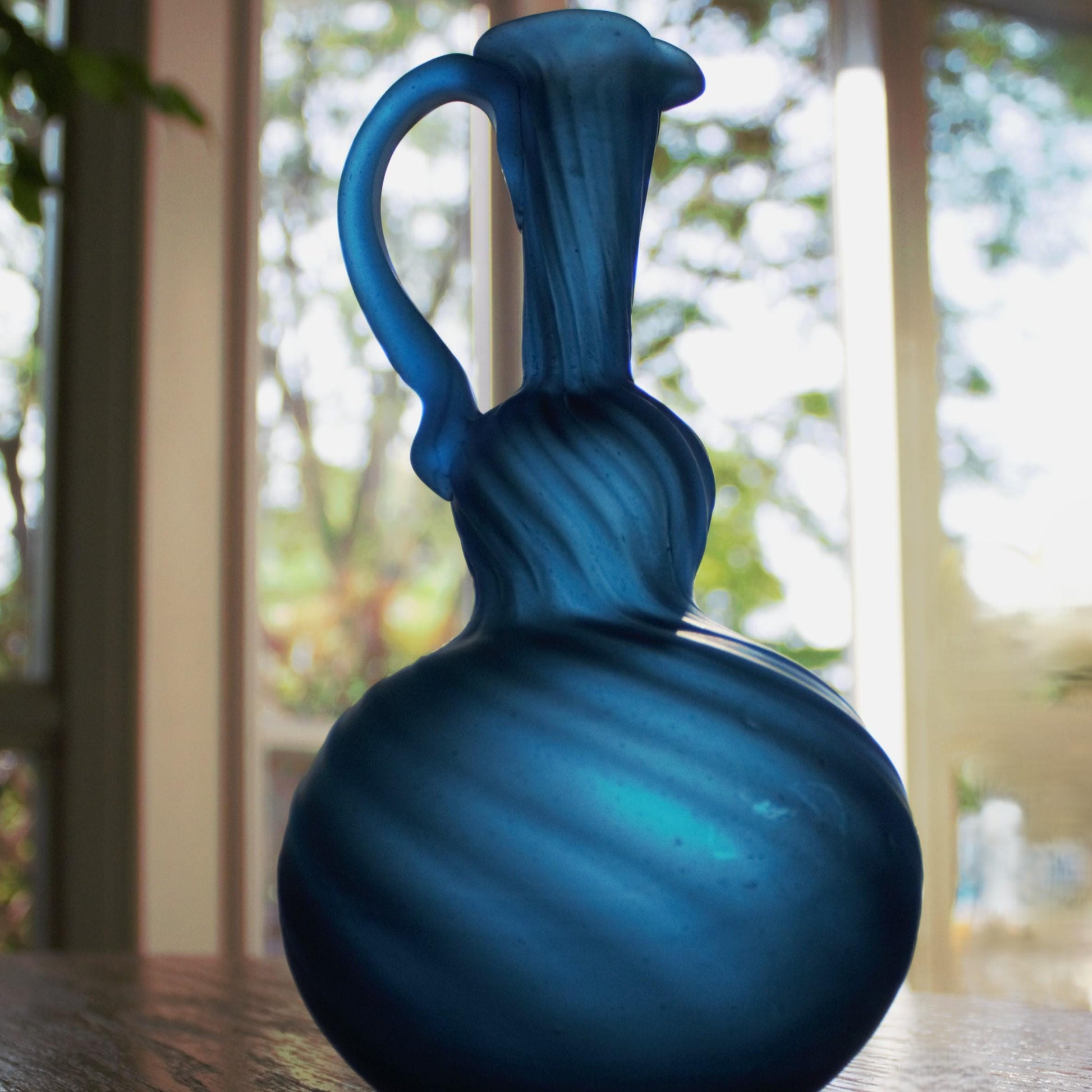 Hand Blown Teal Glass Vase: Art Glass Pitcher with Pontil Mark