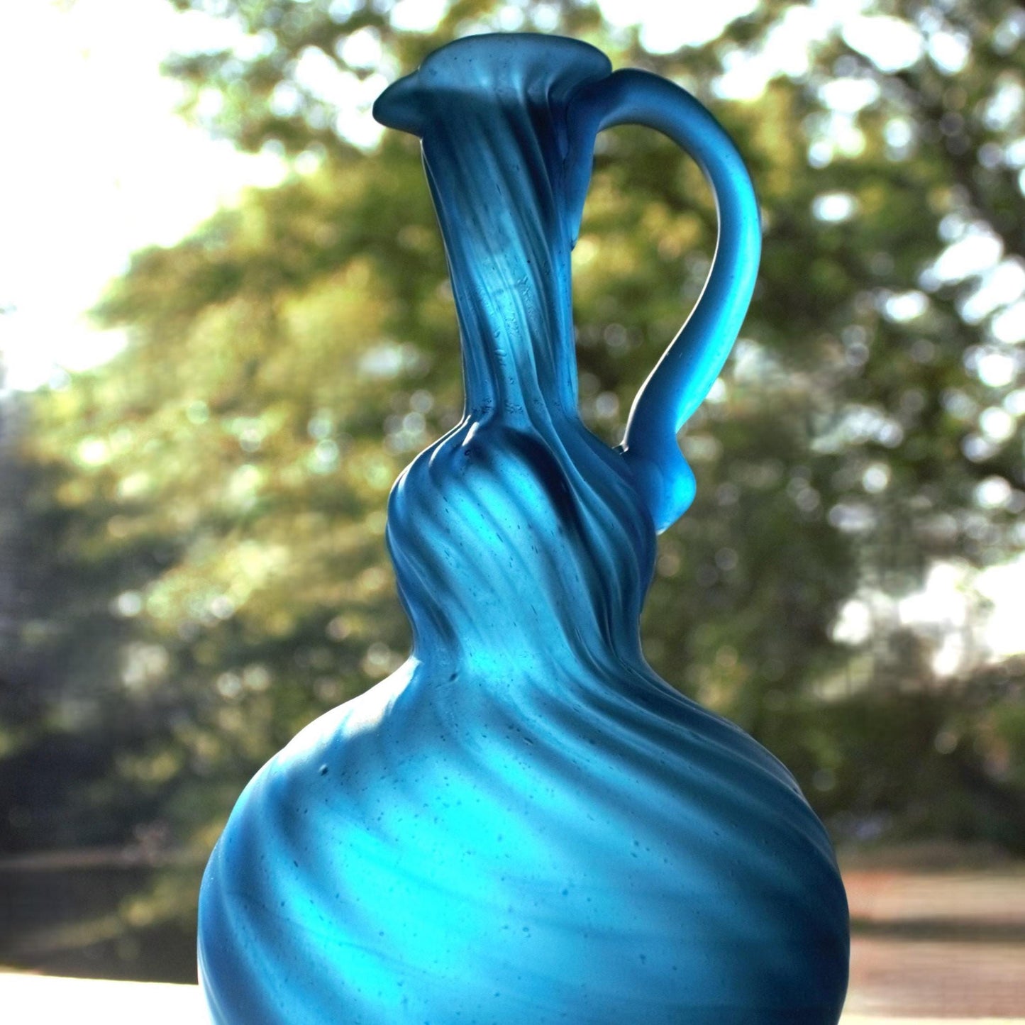 Hand Blown Teal Glass Vase: Art Glass Pitcher with Pontil Mark