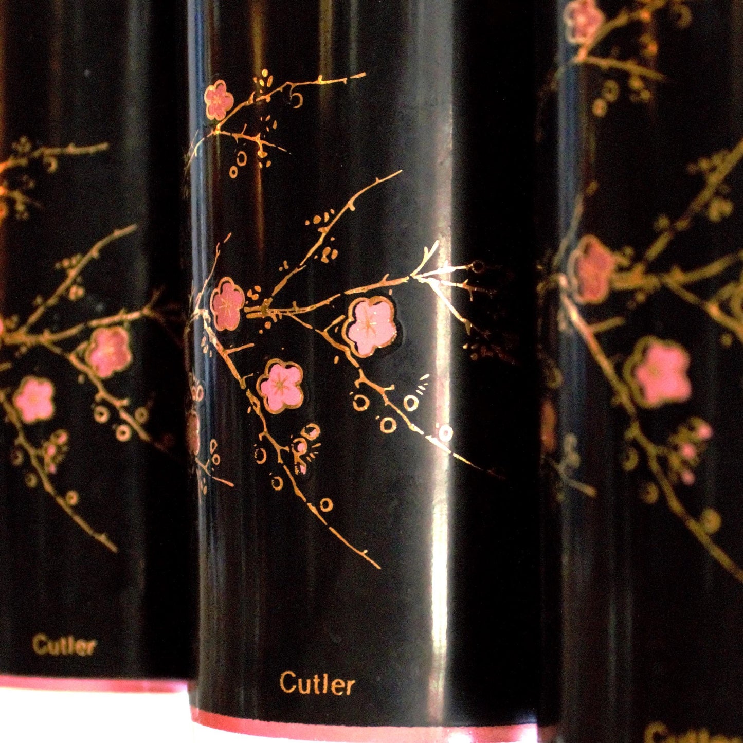 Vintage Cutler Cocktail Glasses - Black & Pink Cherry Blossom Tumblers (Set of 4)