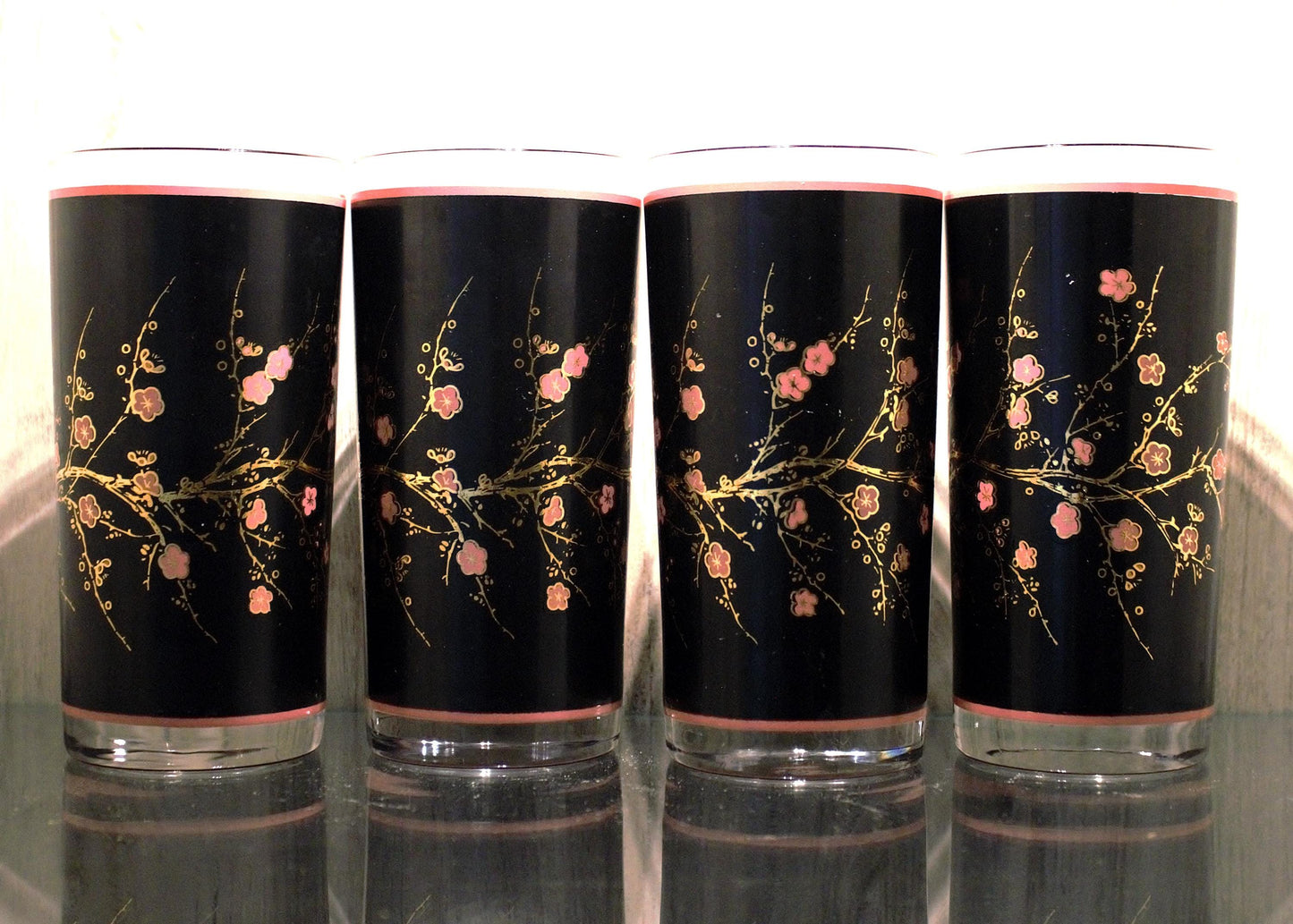Vintage Cutler Cocktail Glasses - Black & Pink Cherry Blossom Tumblers (Set of 4)