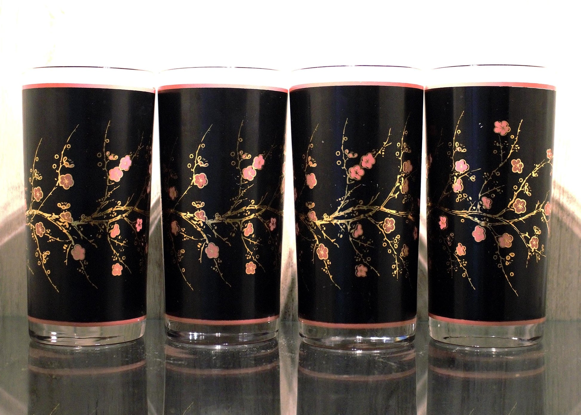 Vintage Cutler Cocktail Glasses - Black & Pink Cherry Blossom Tumblers (Set of 4)