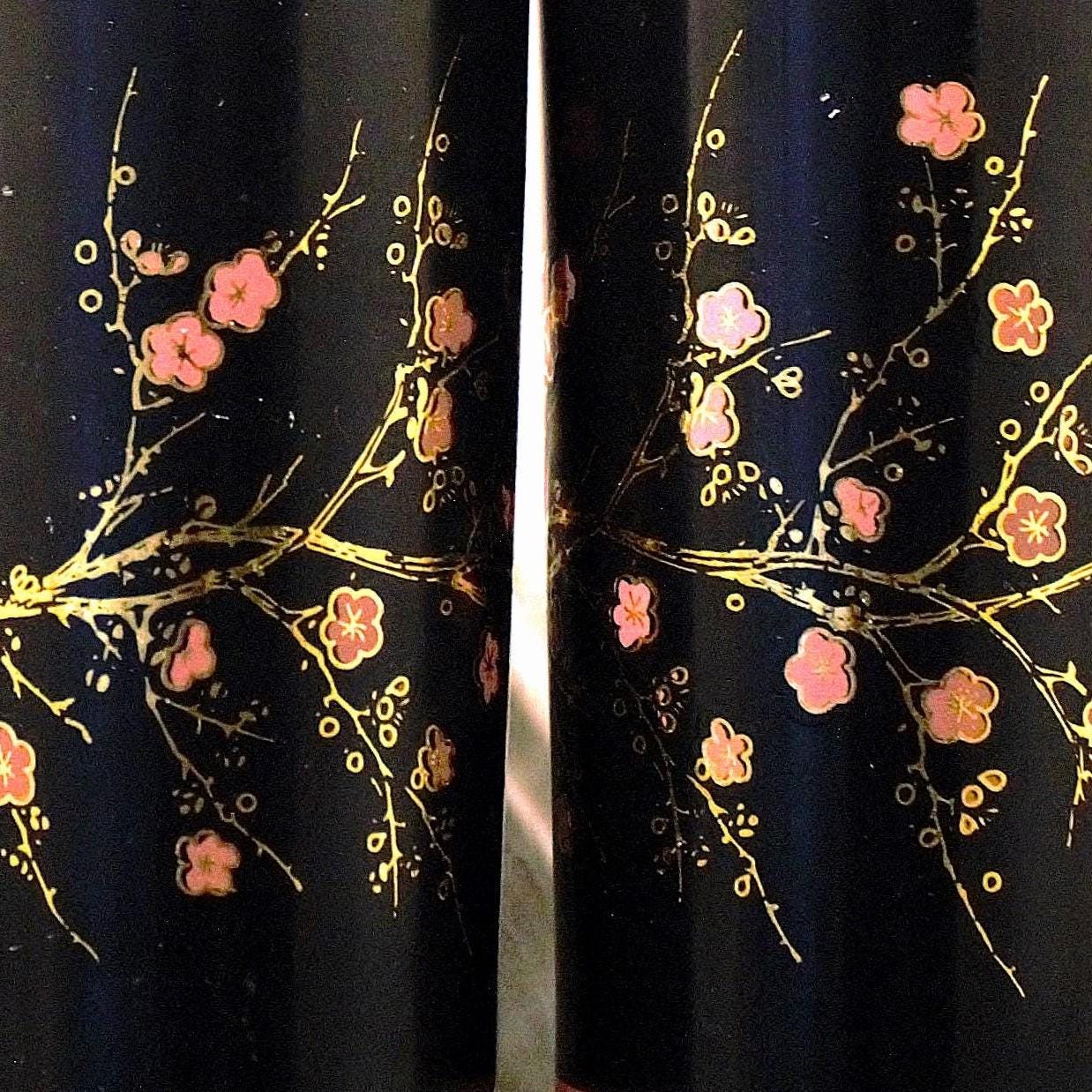 Vintage Cutler Cocktail Glasses - Black & Pink Cherry Blossom Tumblers (Set of 4)