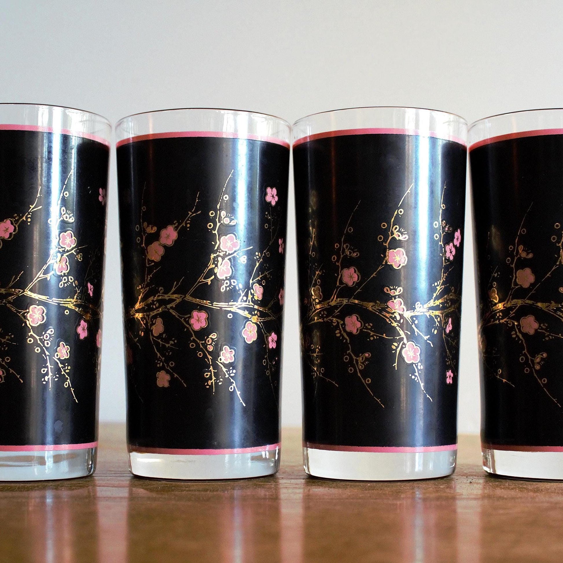 Vintage Cutler Cocktail Glasses - Black & Pink Cherry Blossom Tumblers (Set of 4)