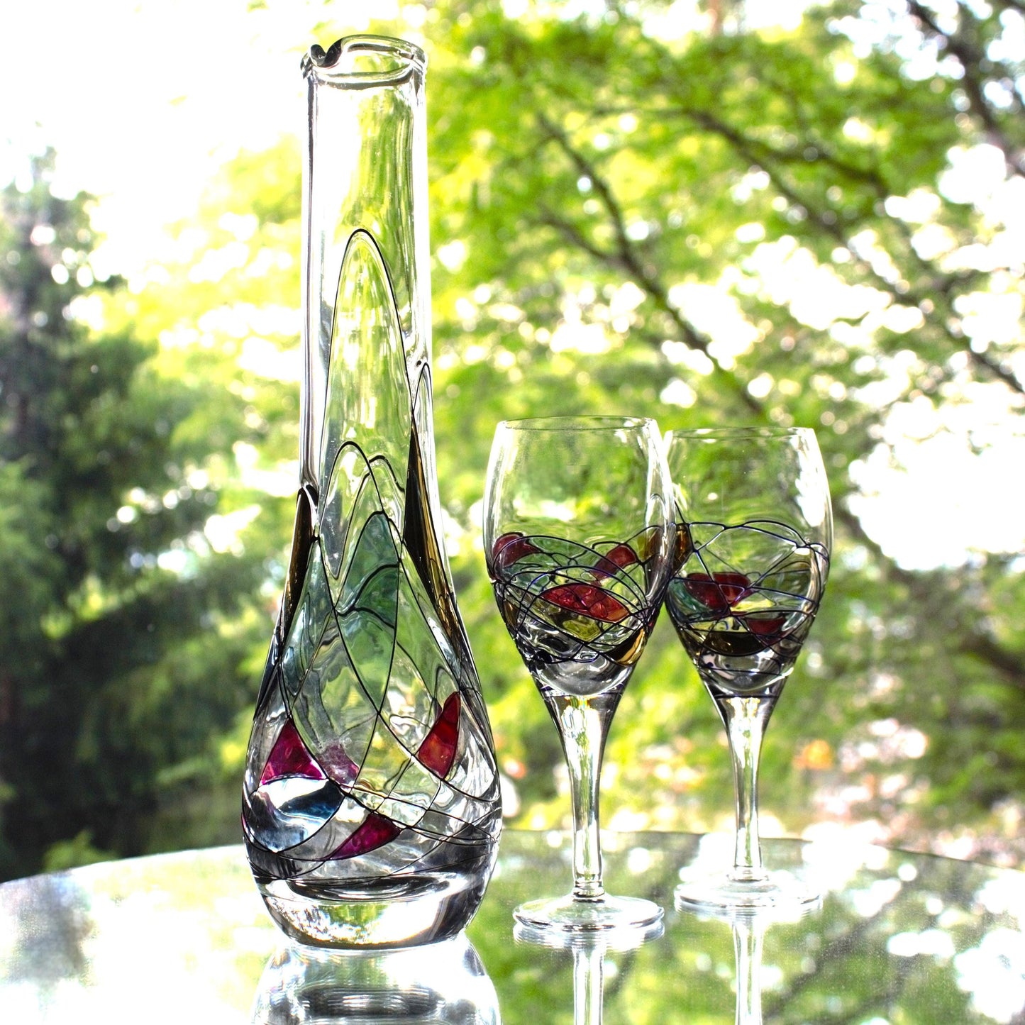 Vintage Iridescent Milano Glass Decanter Set: Romanian 3-Piece Wine Service
