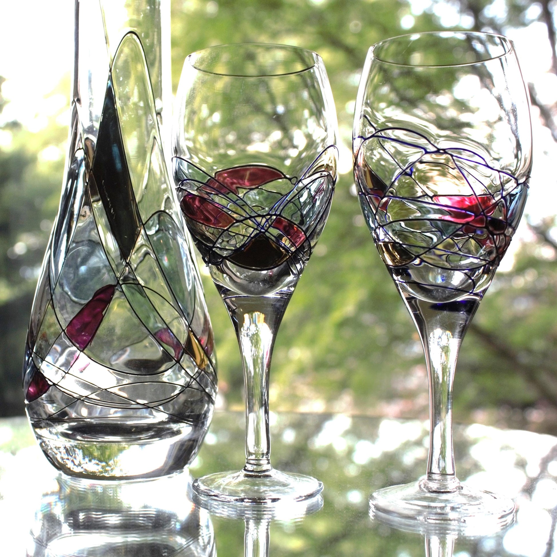 Vintage Iridescent Milano Glass Decanter Set: Romanian 3-Piece Wine Service