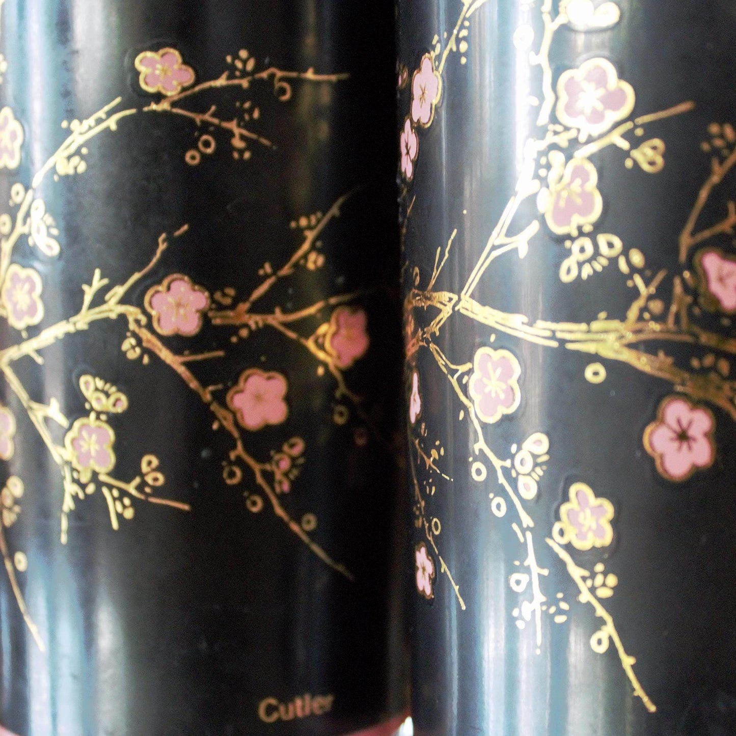 Vintage Cutler Cocktail Glasses - Black & Pink Cherry Blossom Tumblers (Set of 4)