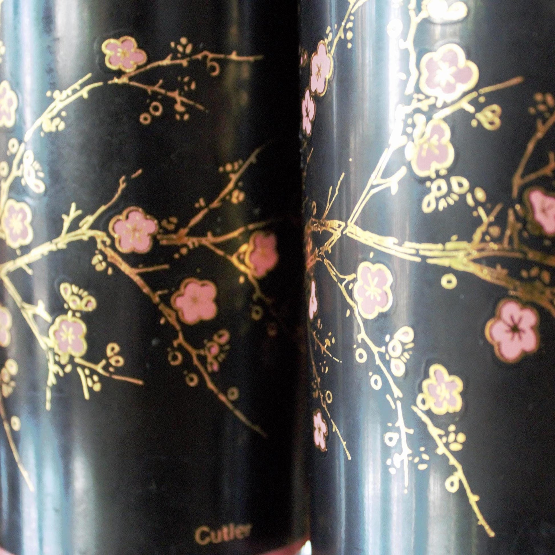 Vintage Cutler Cocktail Glasses - Black & Pink Cherry Blossom Tumblers (Set of 4)