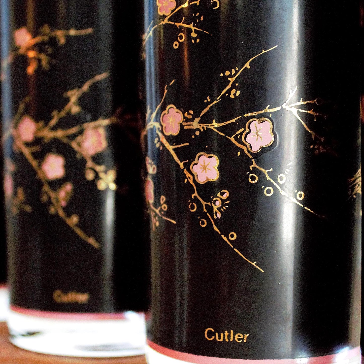 Vintage Cutler Cocktail Glasses - Black & Pink Cherry Blossom Tumblers (Set of 4)