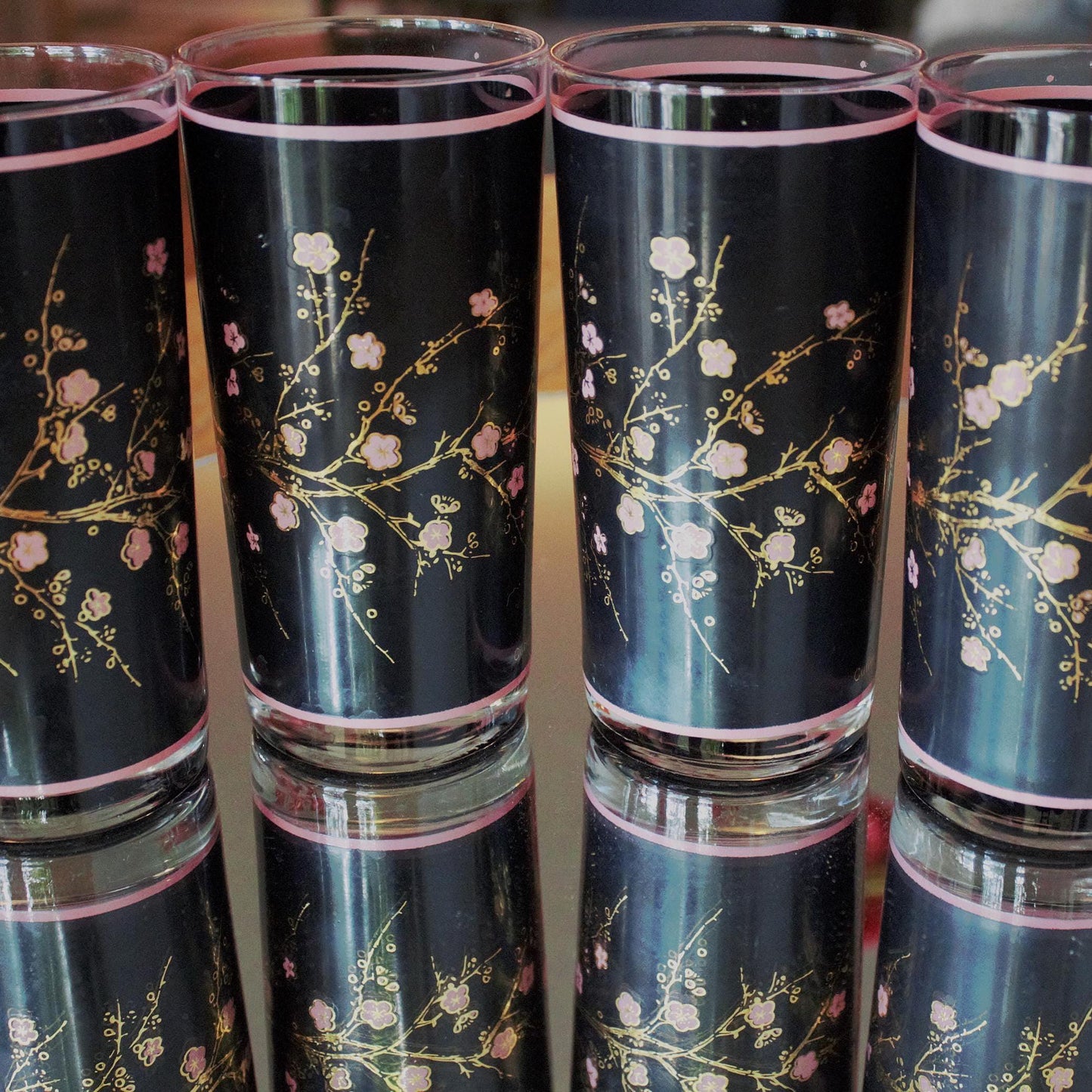 Vintage Cutler Cocktail Glasses - Black & Pink Cherry Blossom Tumblers (Set of 4)