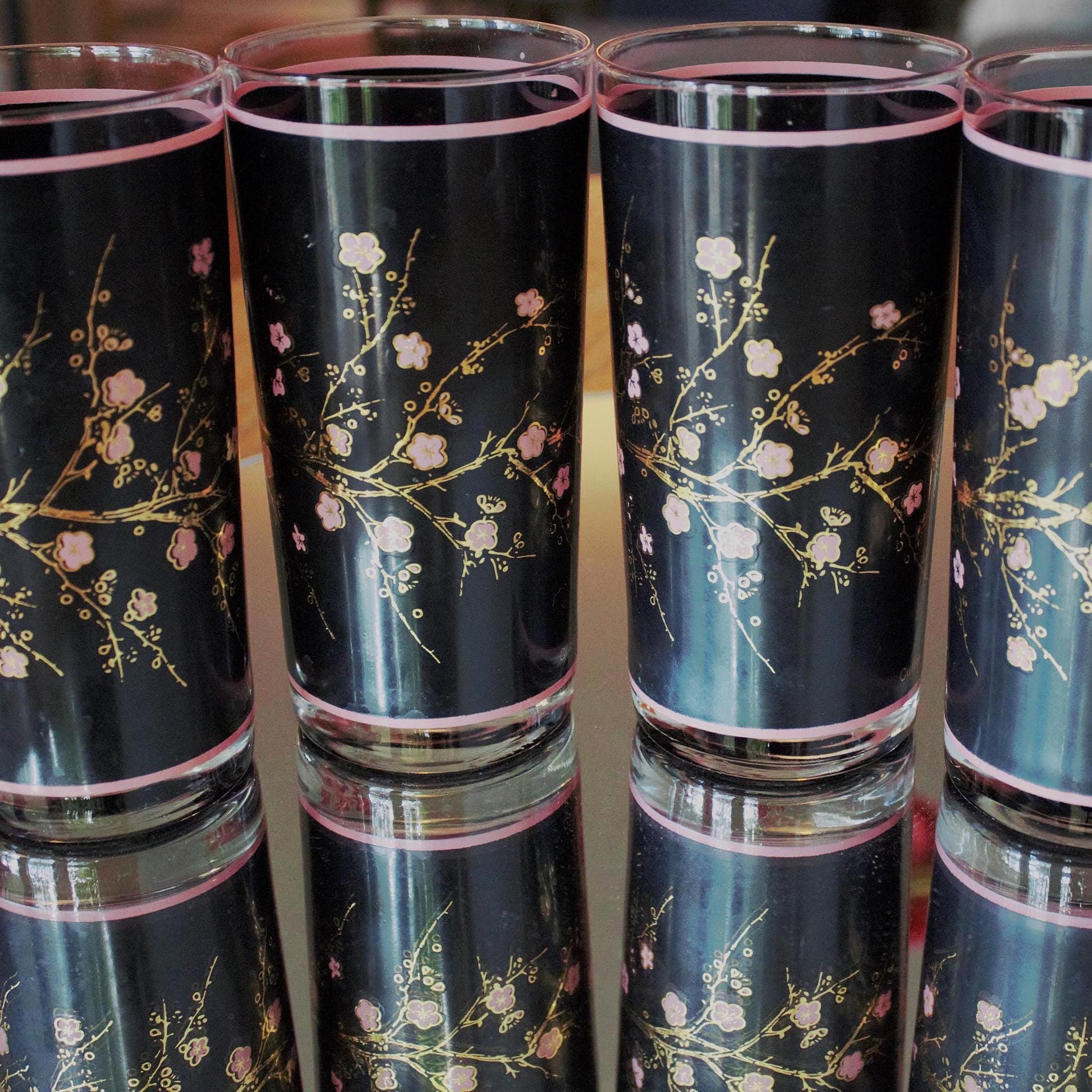 Vintage Cutler Cocktail Glasses - Black & Pink Cherry Blossom Tumblers (Set of 4)