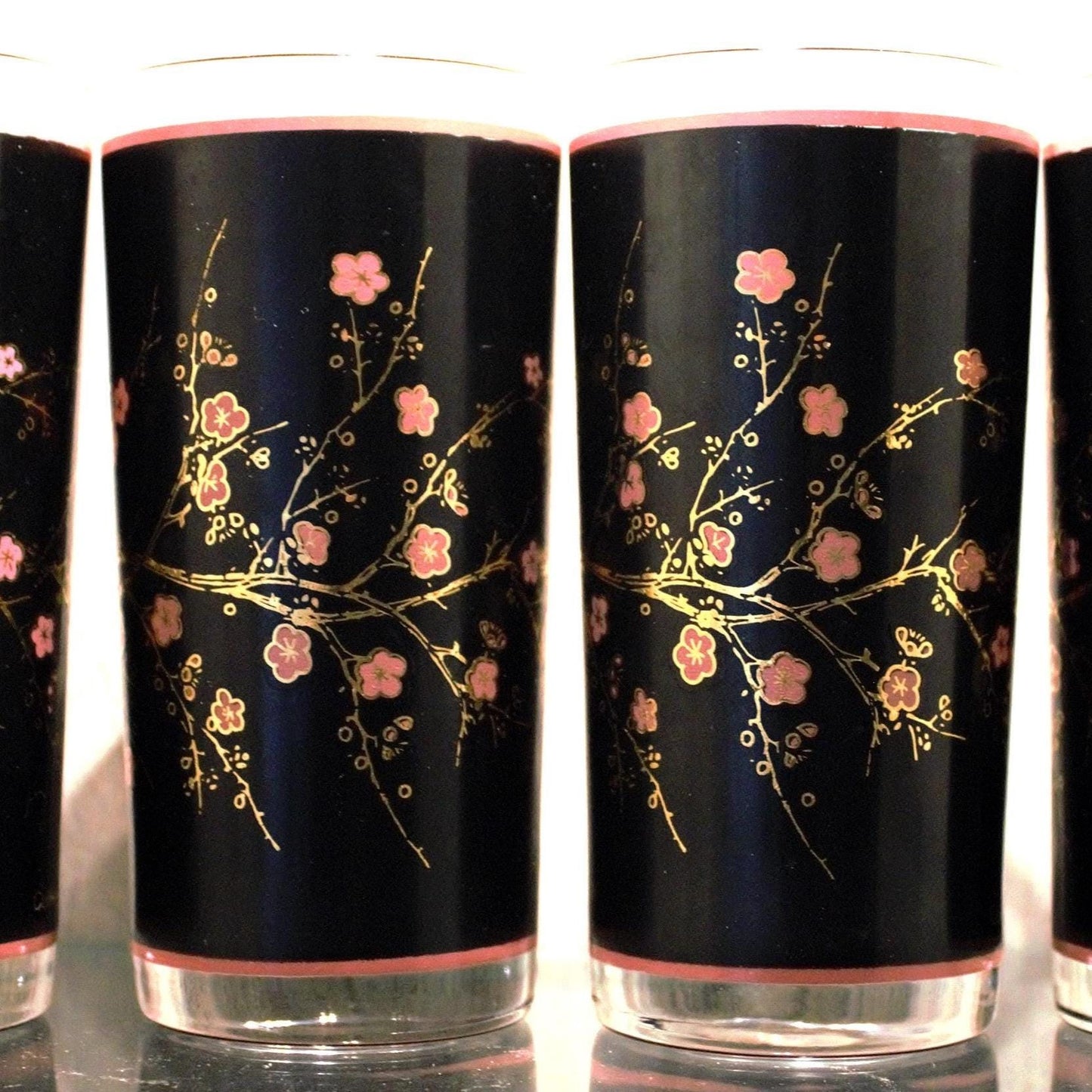 Vintage Cutler Cocktail Glasses - Black & Pink Cherry Blossom Tumblers (Set of 4)