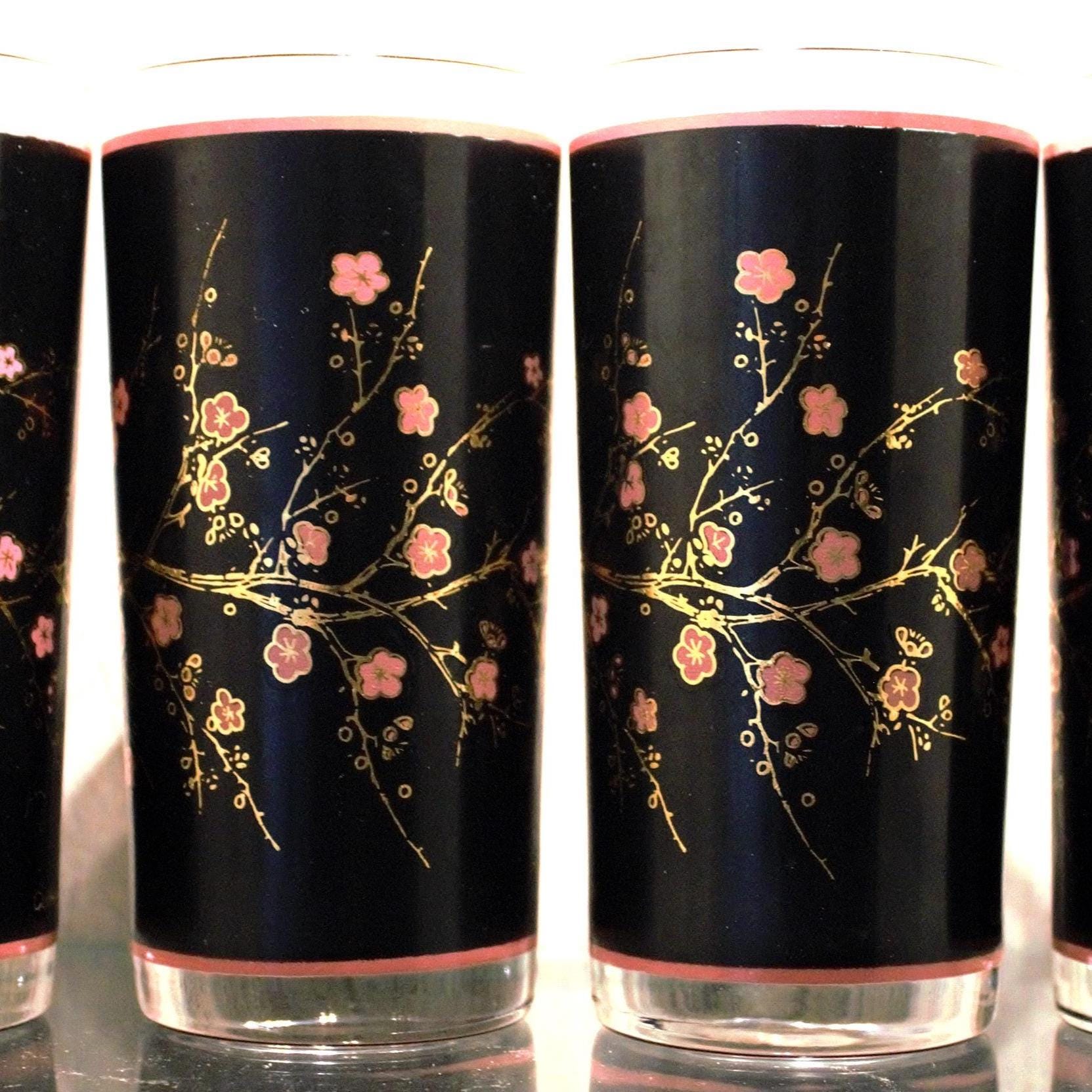 Vintage Cutler Cocktail Glasses - Black & Pink Cherry Blossom Tumblers (Set of 4)