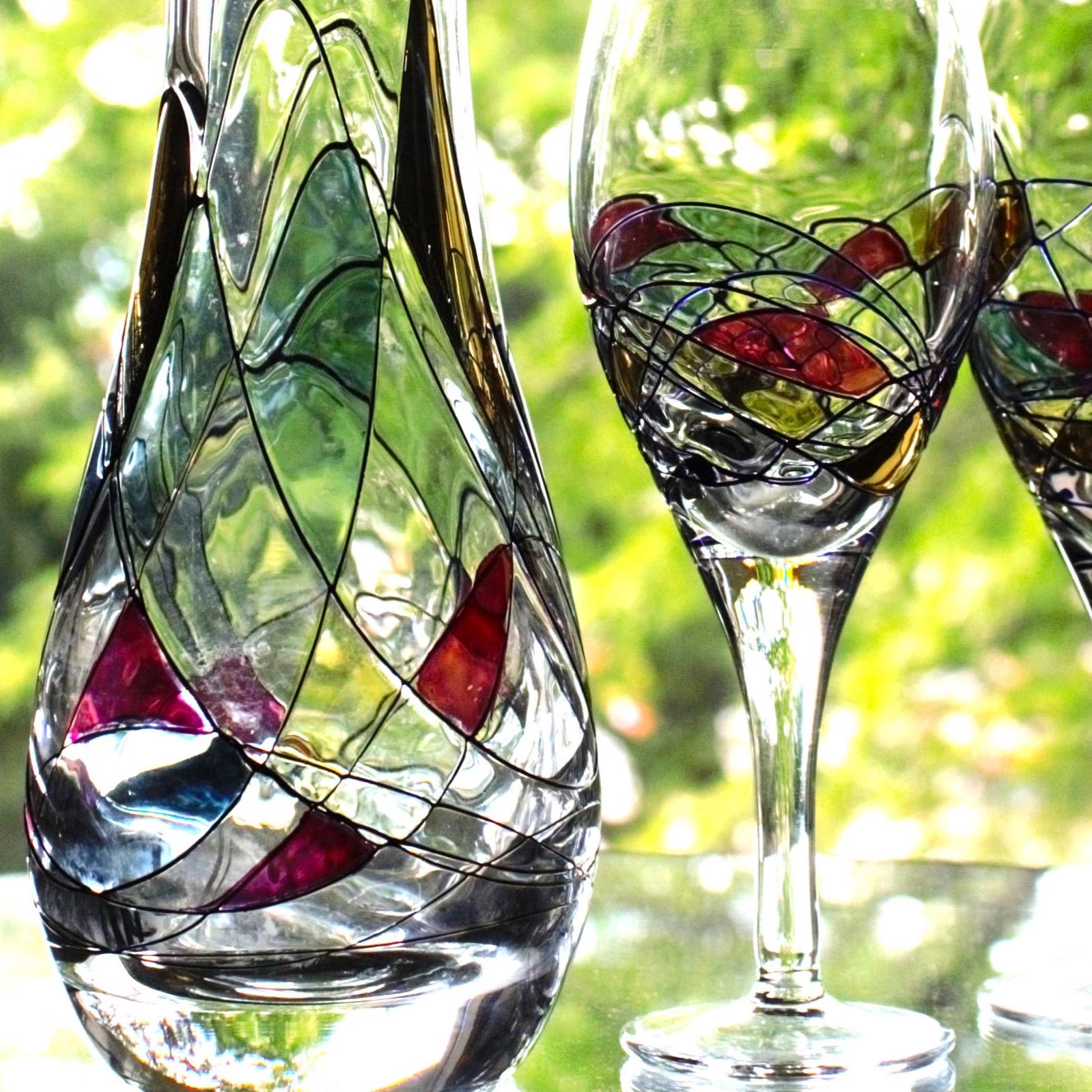 Vintage Iridescent Milano Glass Decanter Set: Romanian 3-Piece Wine Service