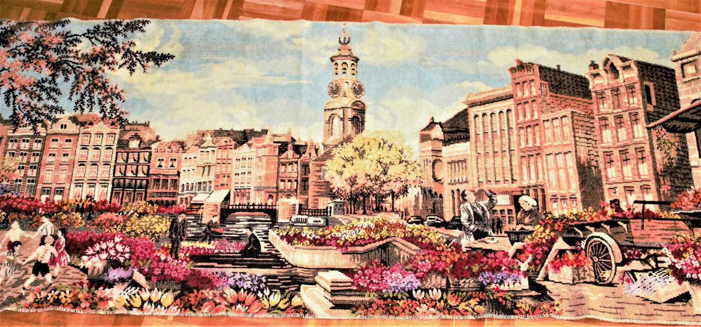 Vintage Embroidered Cityscape Tapestry: European Wall Decor (66.5x25 inches)