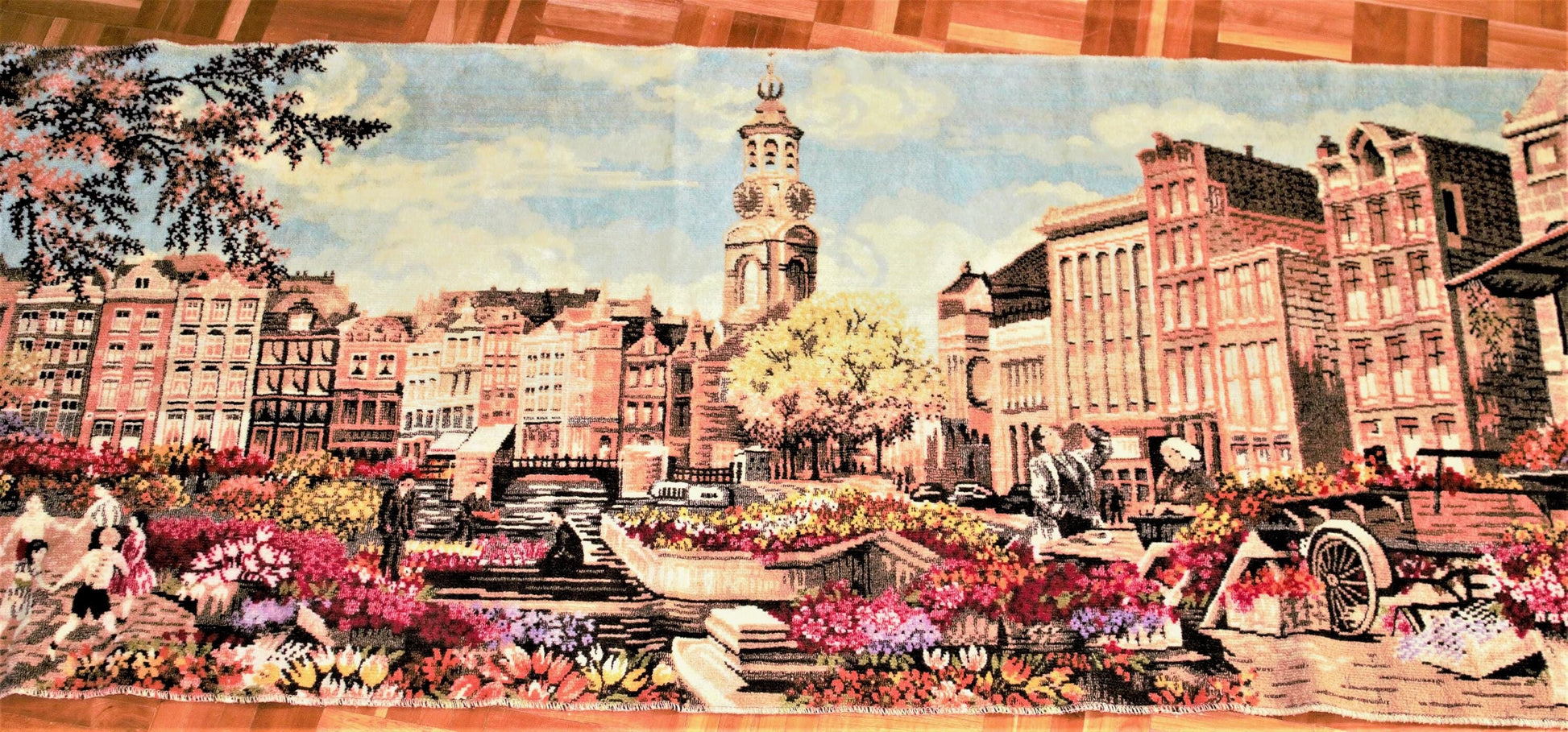 Vintage Embroidered Cityscape Tapestry: European Wall Decor (66.5x25 inches)