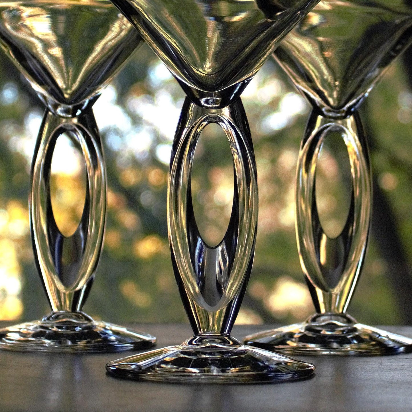 Clear Martini Glasses with Cut Out Stem: Unique Cocktail Set of 3, rare stemware