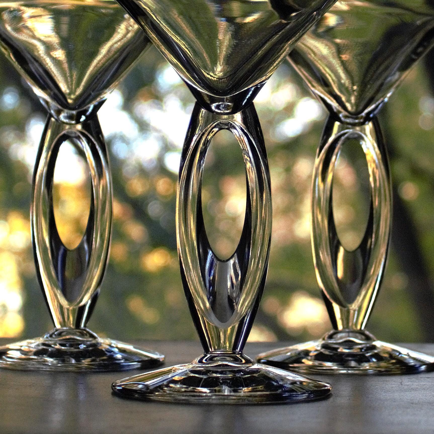 Clear Martini Glasses with Cut Out Stem: Unique Cocktail Set of 3, rare stemware