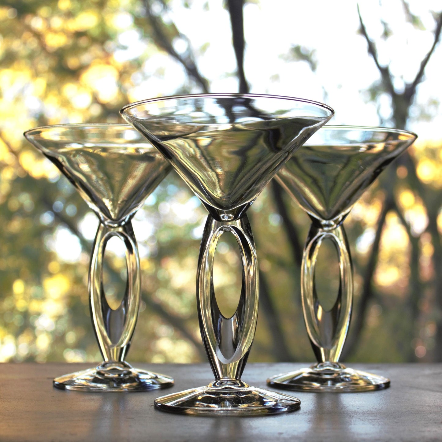 Clear Martini Glasses with Cut Out Stem: Unique Cocktail Set of 3, rare stemware