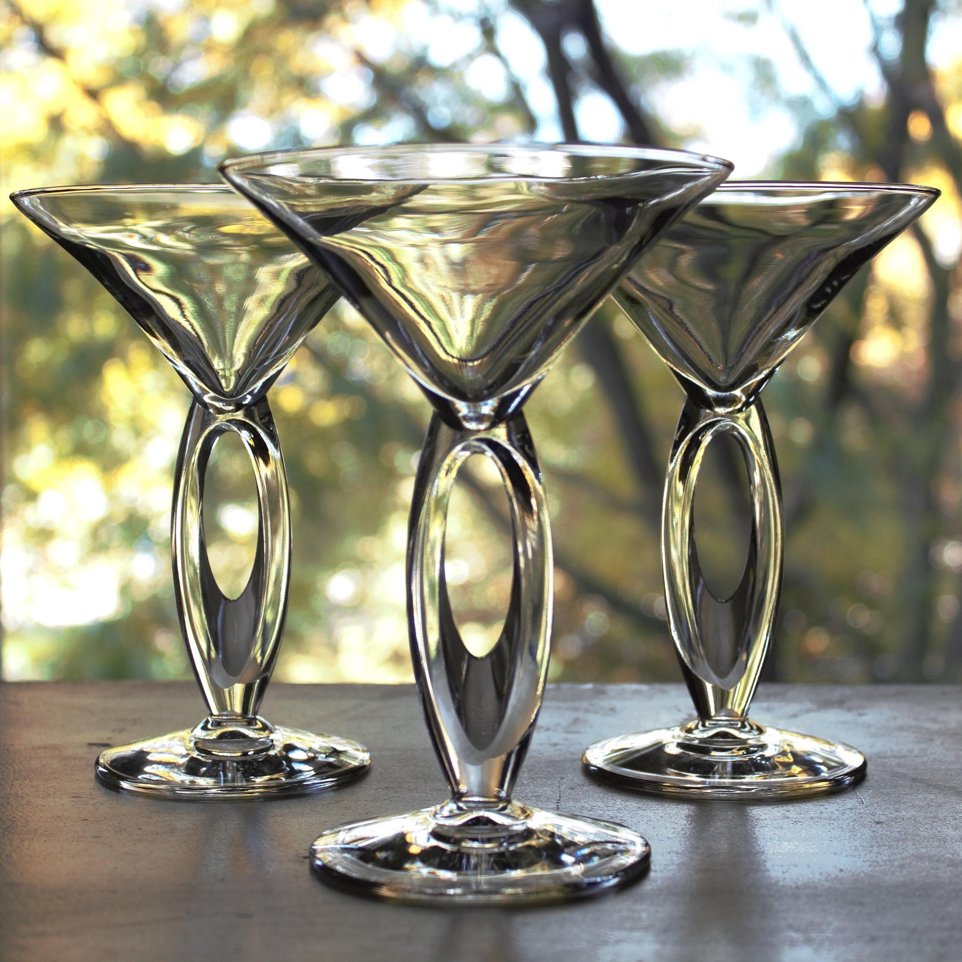 Clear Martini Glasses with Cut Out Stem: Unique Cocktail Set of 3, rare stemware
