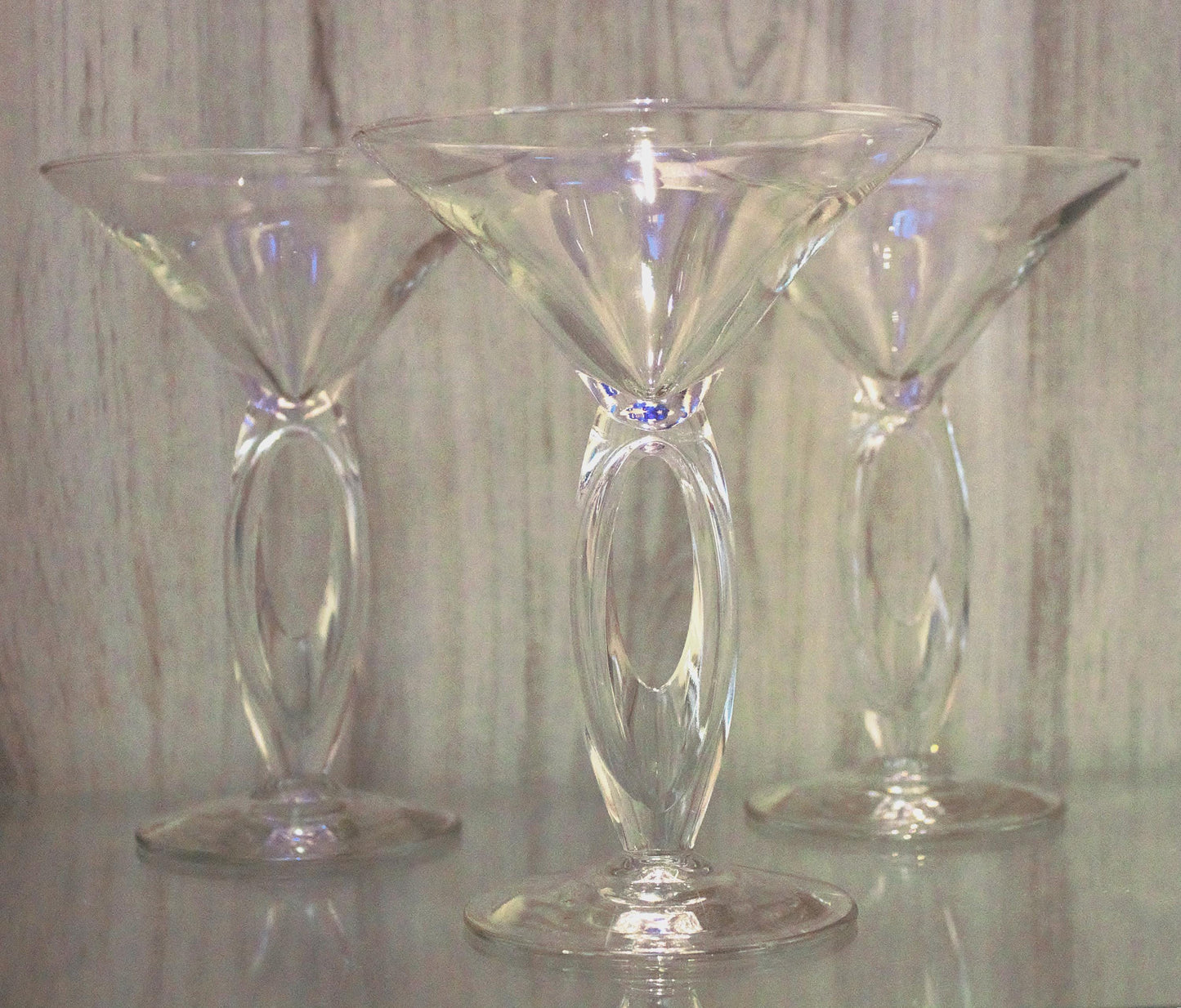 Clear Martini Glasses with Cut Out Stem: Unique Cocktail Set of 3, rare stemware