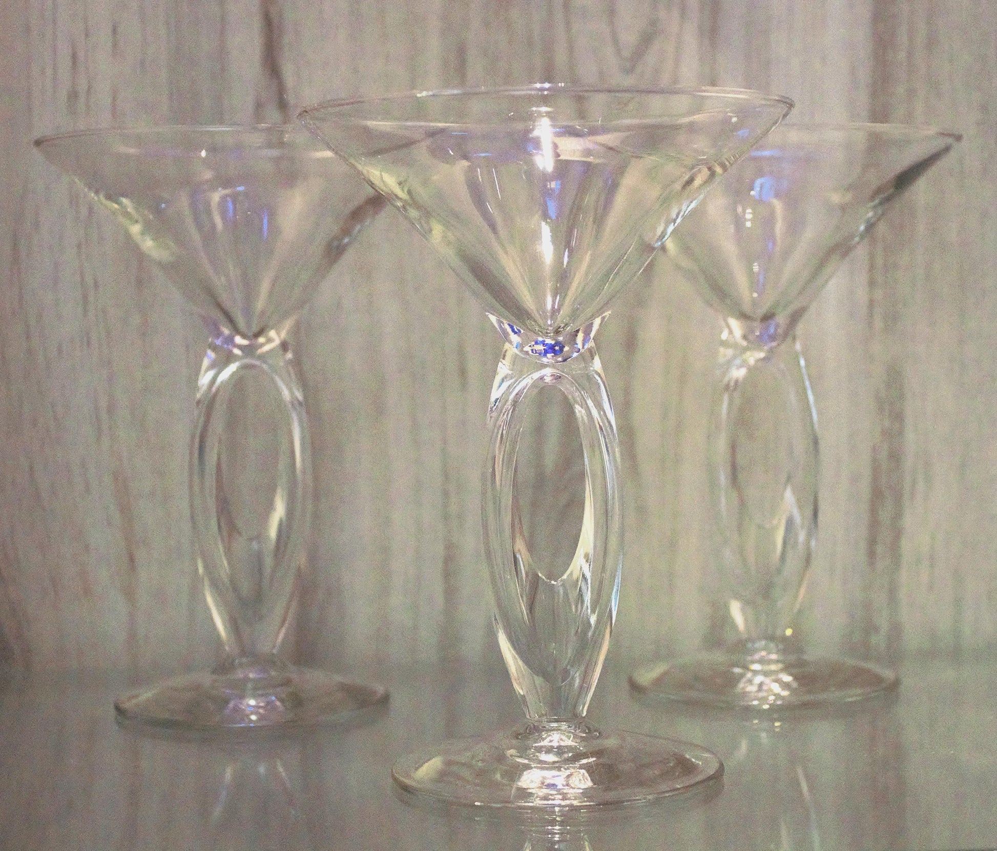 Clear Martini Glasses with Cut Out Stem: Unique Cocktail Set of 3, rare stemware
