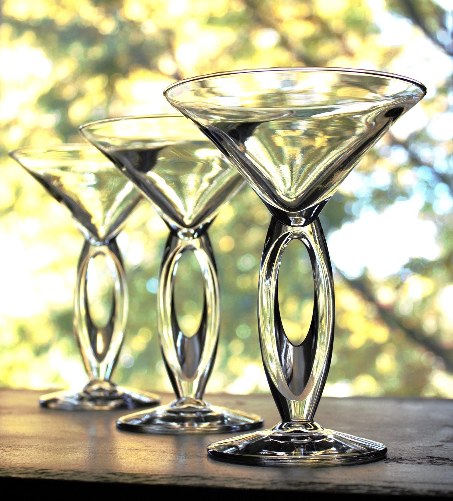 Clear Martini Glasses with Cut Out Stem: Unique Cocktail Set of 3, rare stemware