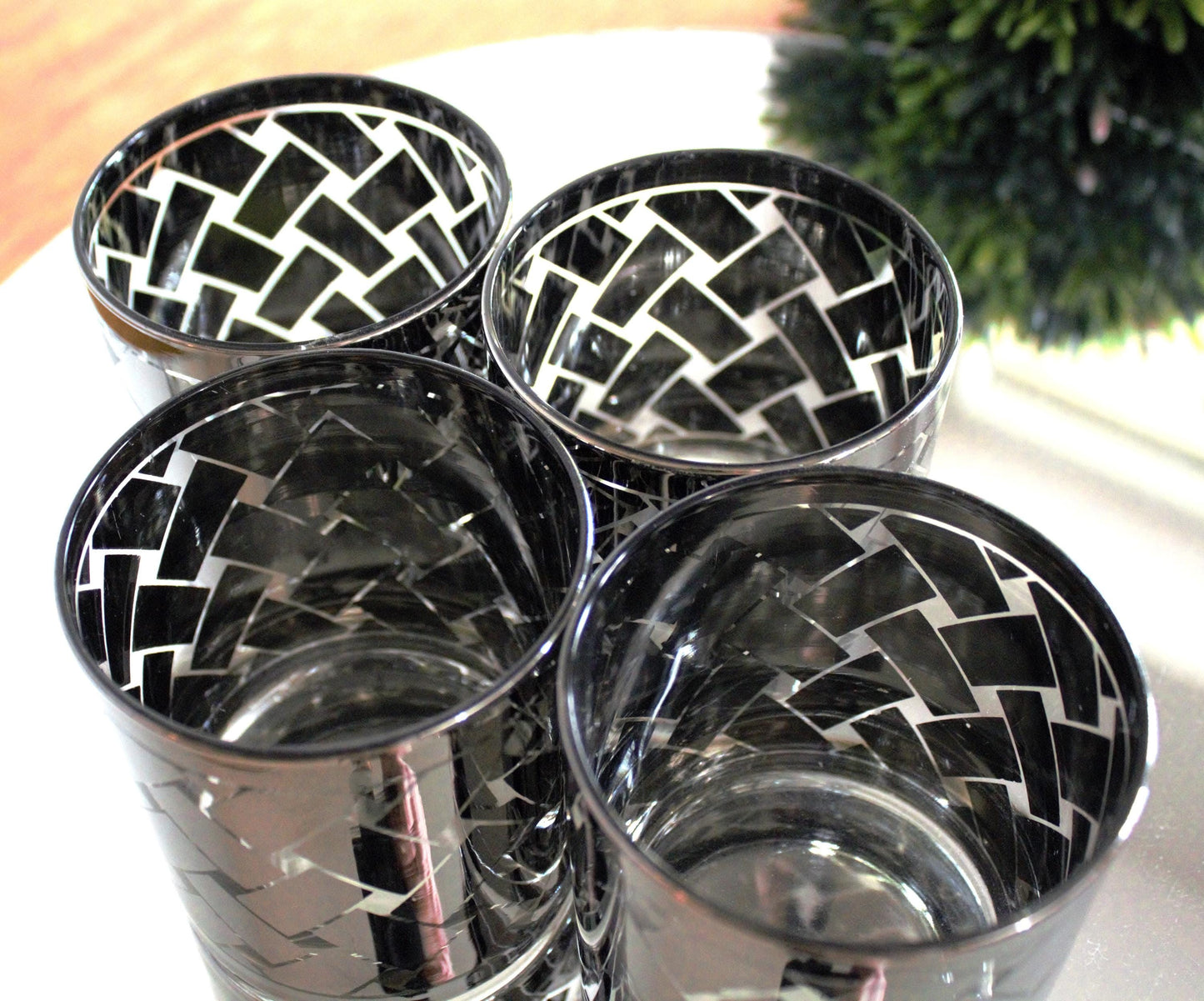 Vintage Silver and clear rock Glasses - Mid-Century Modern Barware, Set of 4, MCM bar cabinet