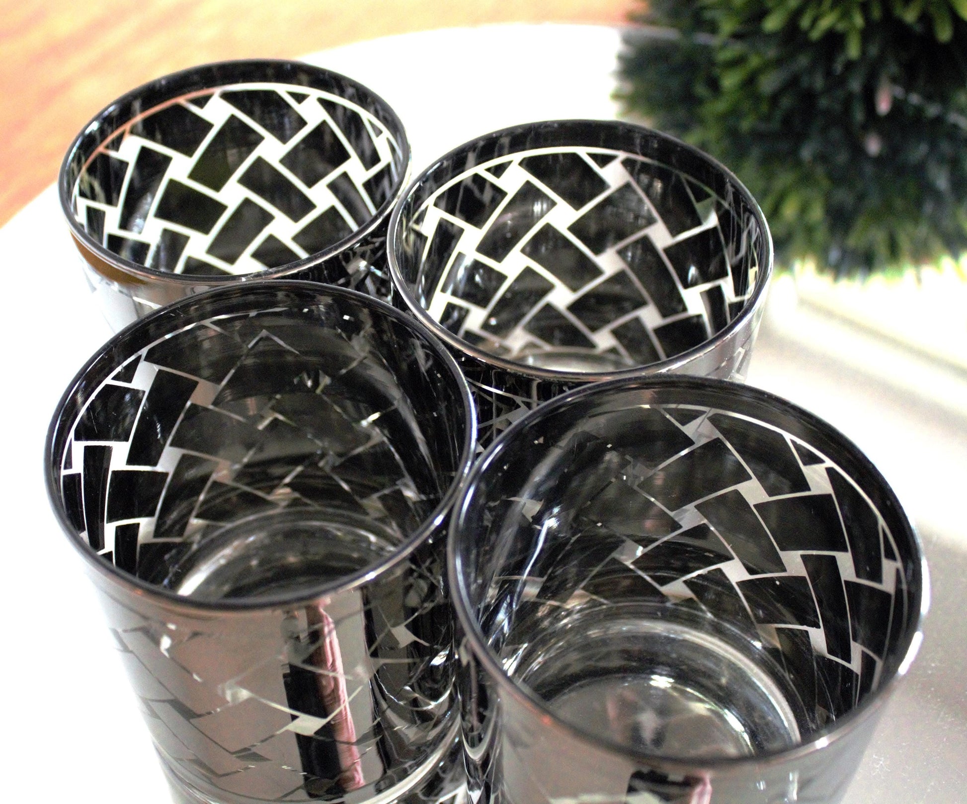 Vintage Silver and clear rock Glasses - Mid-Century Modern Barware, Set of 4, MCM bar cabinet
