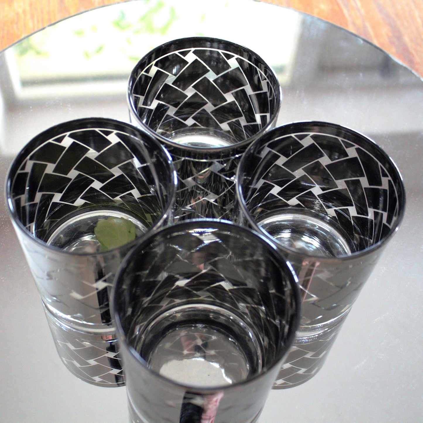 Vintage Silver and clear rock Glasses - Mid-Century Modern Barware, Set of 4, MCM bar cabinet