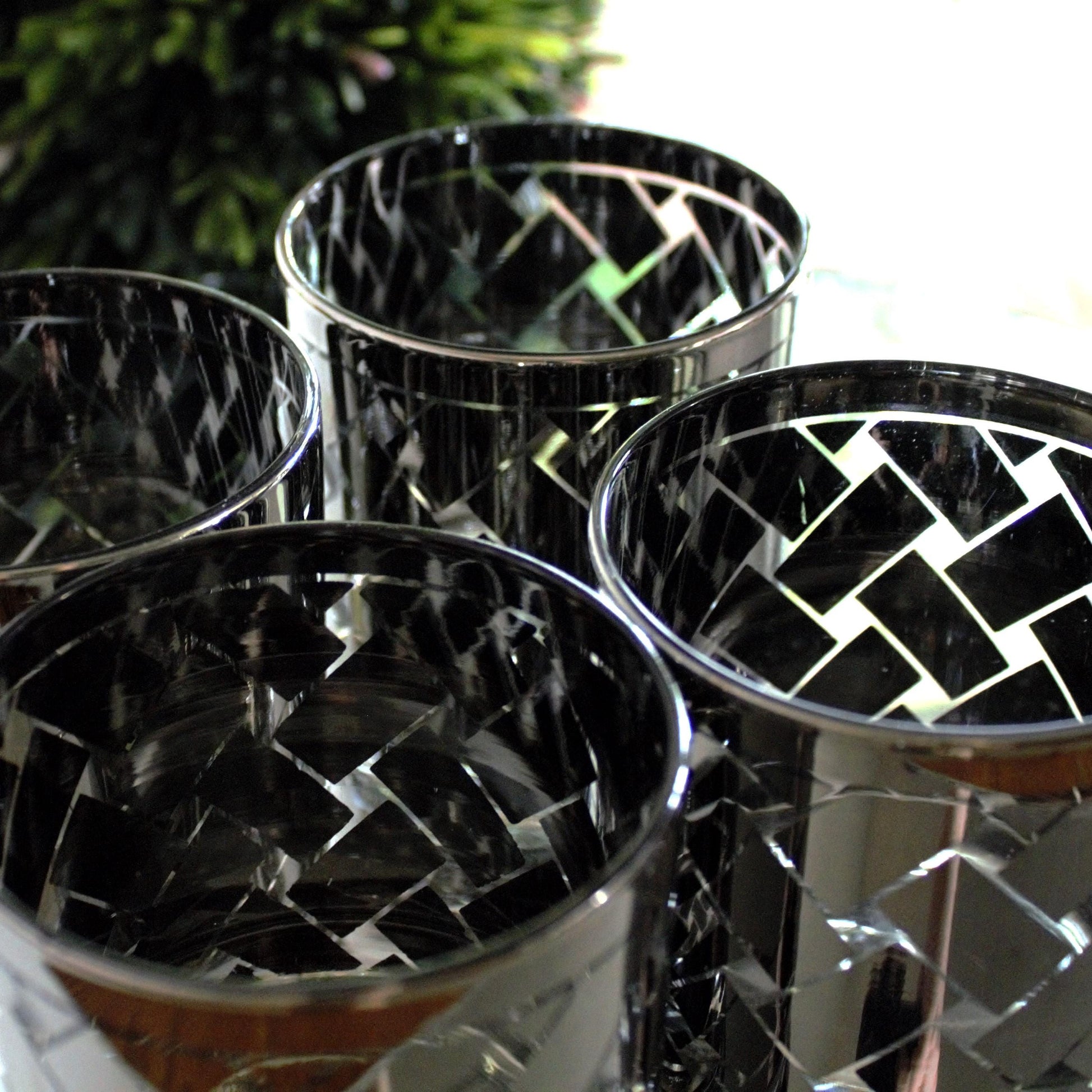 Vintage Silver and clear rock Glasses - Mid-Century Modern Barware, Set of 4, MCM bar cabinet