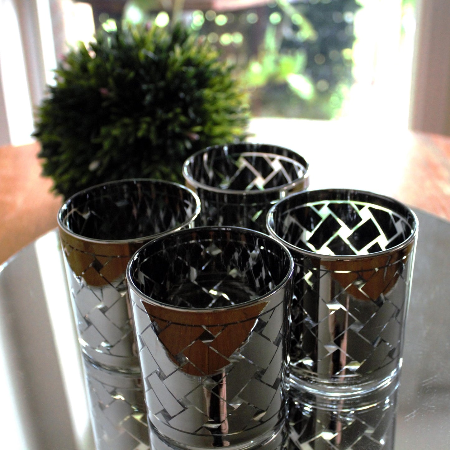 Vintage Silver and clear rock Glasses - Mid-Century Modern Barware, Set of 4, MCM bar cabinet