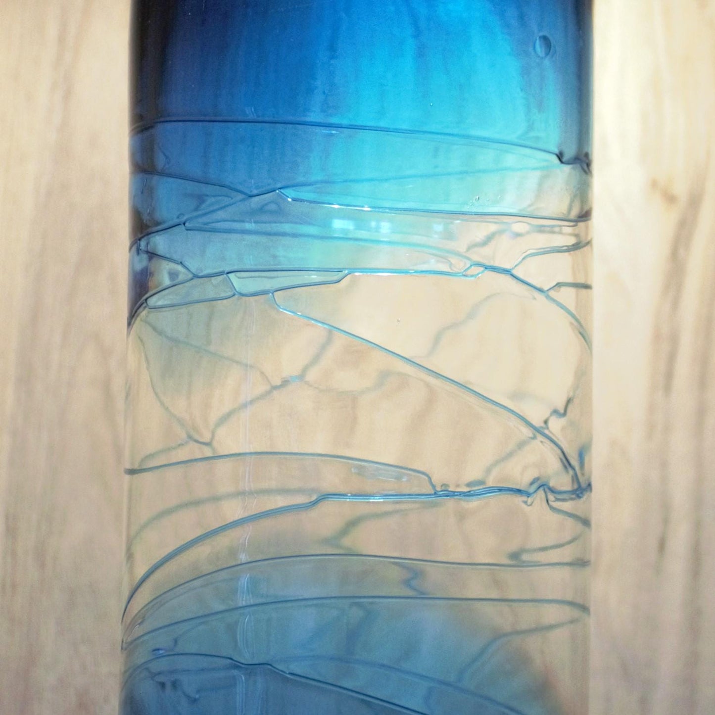 Tall Blue vase, Unique vase, tall flower vase with applied decoration, azure and clear vase