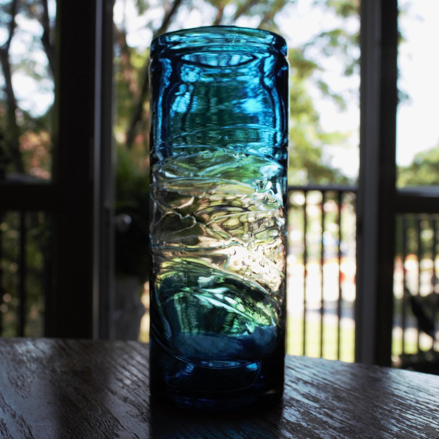 Tall Blue vase, Unique vase, tall flower vase with applied decoration, azure and clear vase