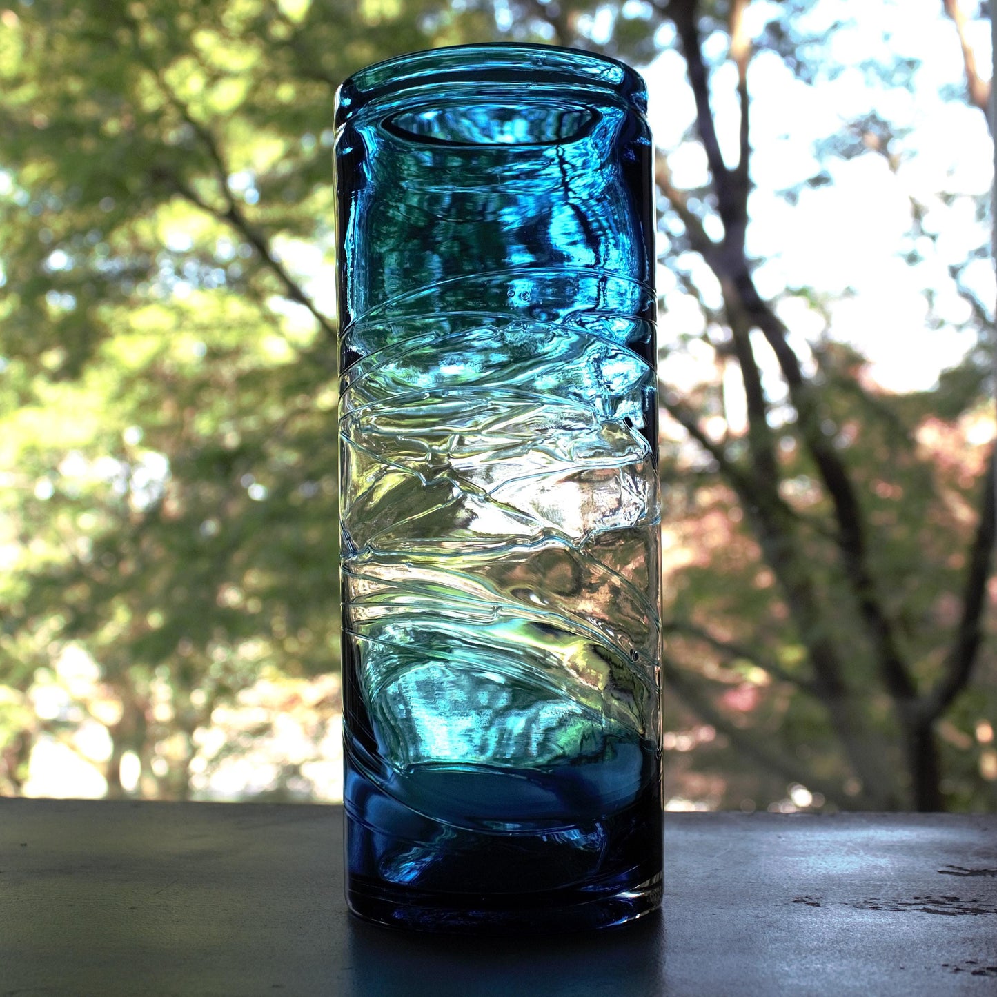 Tall Blue vase, Unique vase, tall flower vase with applied decoration, azure and clear vase