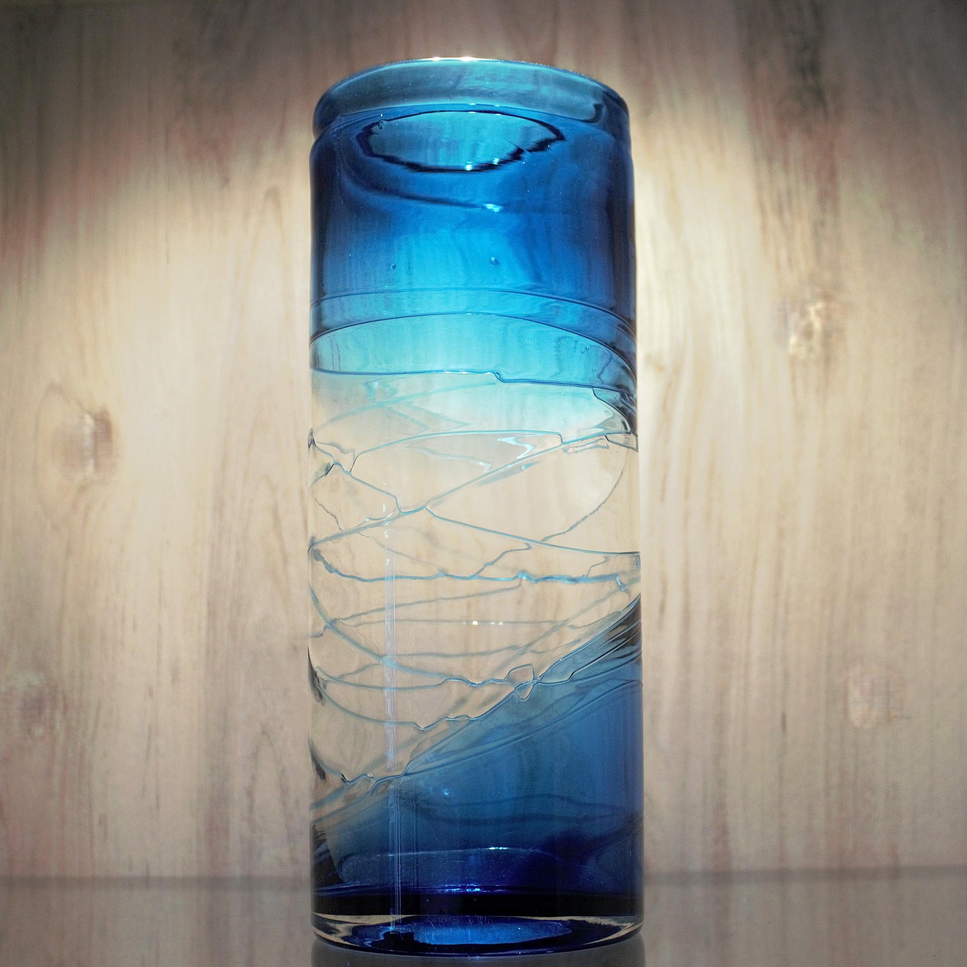Tall Blue vase, Unique vase, tall flower vase with applied decoration, azure and clear vase