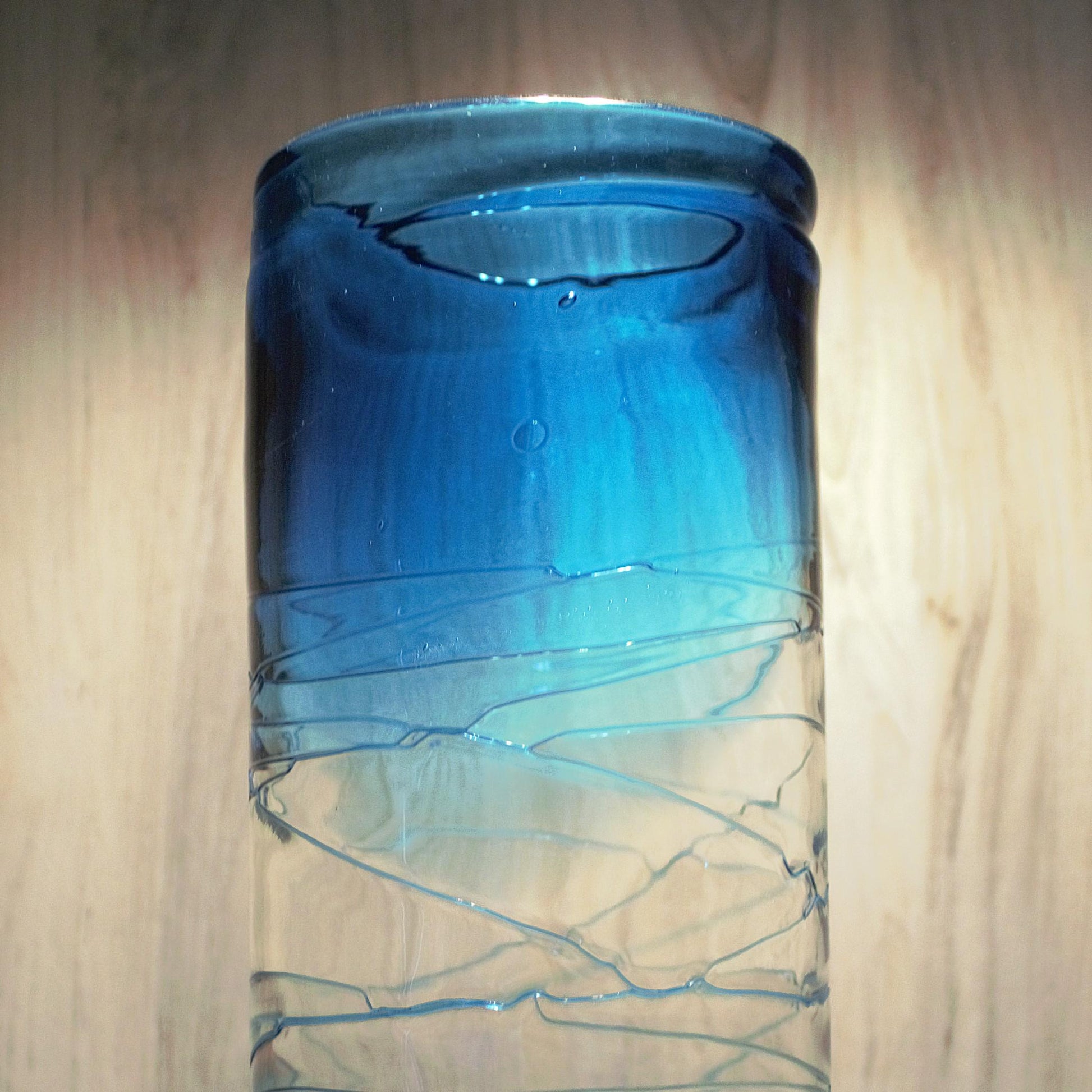Tall Blue vase, Unique vase, tall flower vase with applied decoration, azure and clear vase