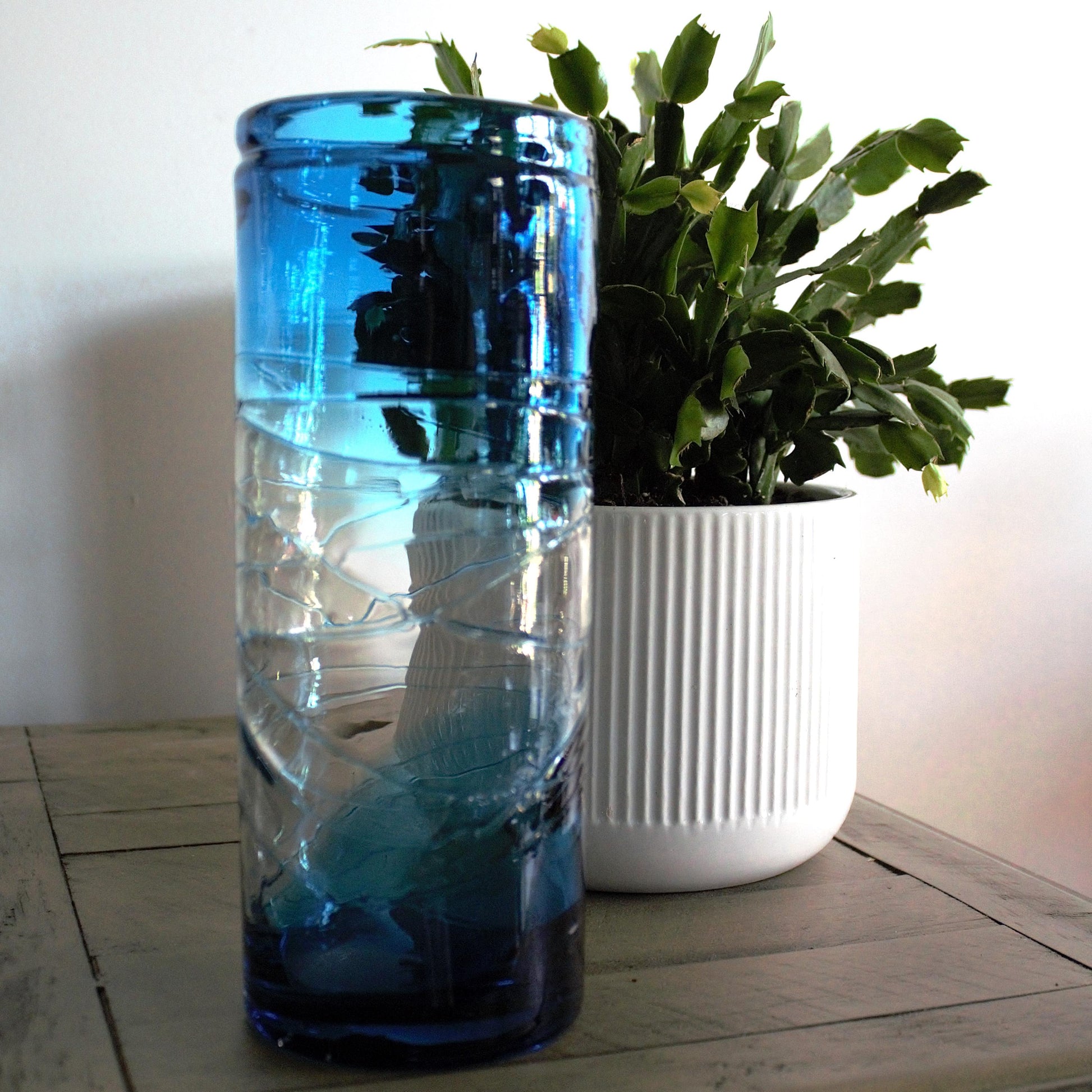 Tall Blue vase, Unique vase, tall flower vase with applied decoration, azure and clear vase