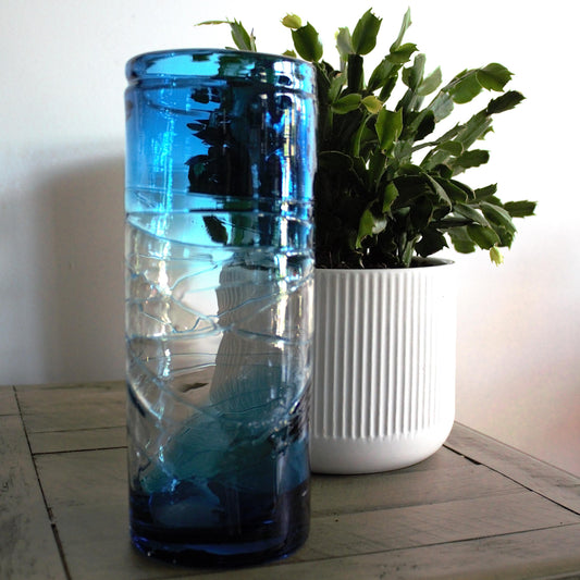 Tall Blue vase, Unique vase, tall flower vase with applied decoration, azure and clear vase