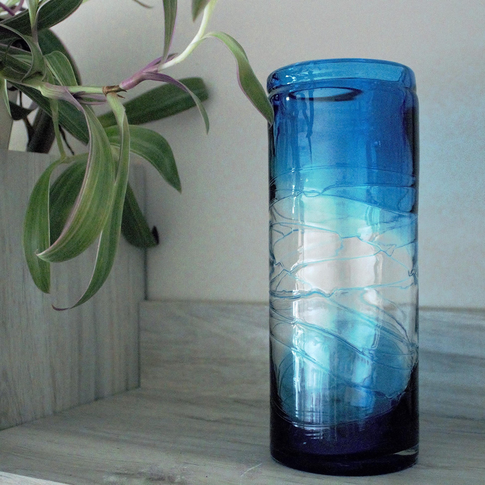 Tall Blue vase, Unique vase, tall flower vase with applied decoration, azure and clear vase