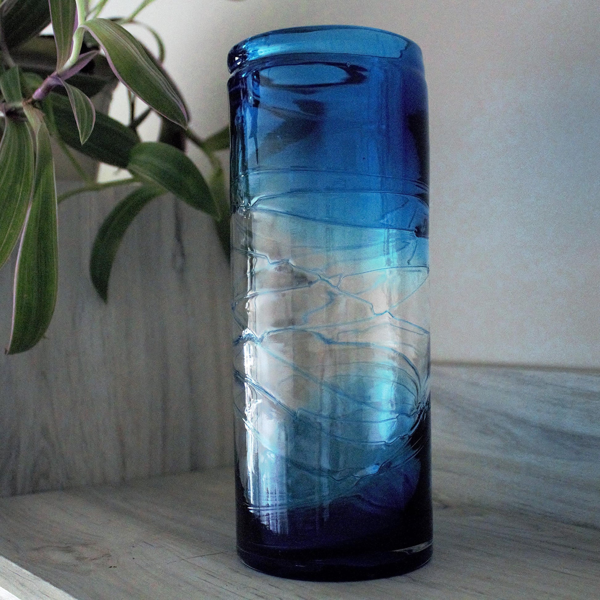 Tall Blue vase, Unique vase, tall flower vase with applied decoration, azure and clear vase