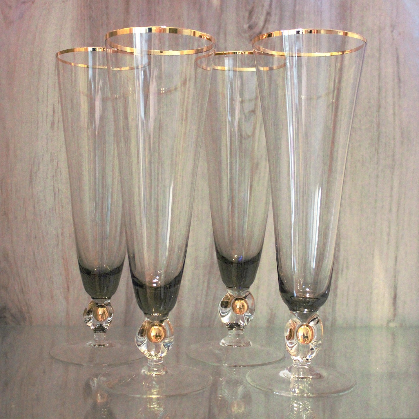 Vintage Jozef Stanik Smokey Black and gold Cocktail Glasses, Gold Ball Stem, Art Deco Barware Set of 4, MCM stemware