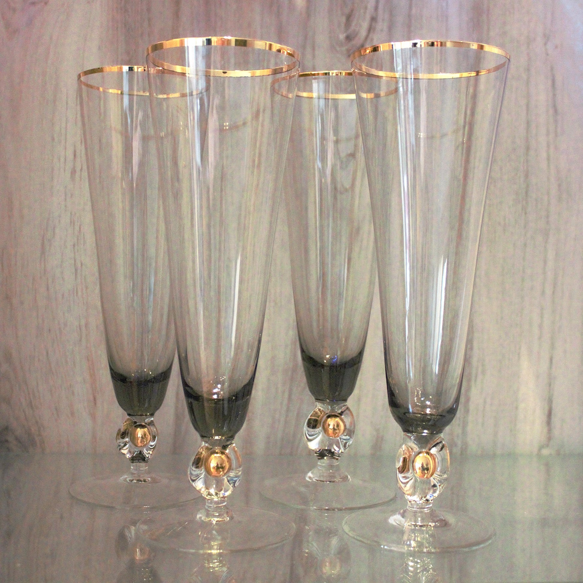 Vintage Jozef Stanik Smokey Black and gold Cocktail Glasses, Gold Ball Stem, Art Deco Barware Set of 4, MCM stemware