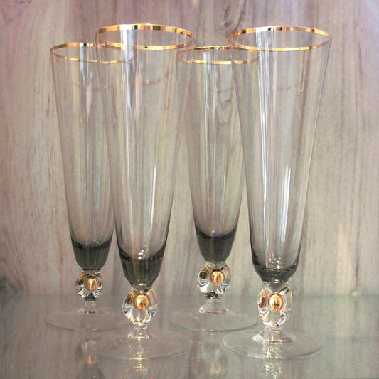 Vintage Jozef Stanik Smokey Black and gold Cocktail Glasses, Gold Ball Stem, Art Deco Barware Set of 4, MCM stemware