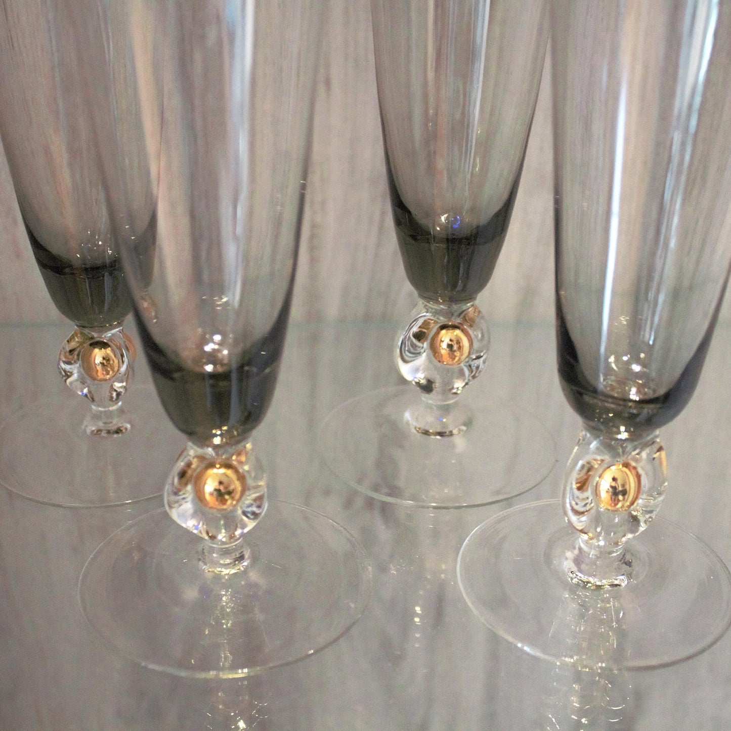 Vintage Jozef Stanik Smokey Black and gold Cocktail Glasses, Gold Ball Stem, Art Deco Barware Set of 4, MCM stemware