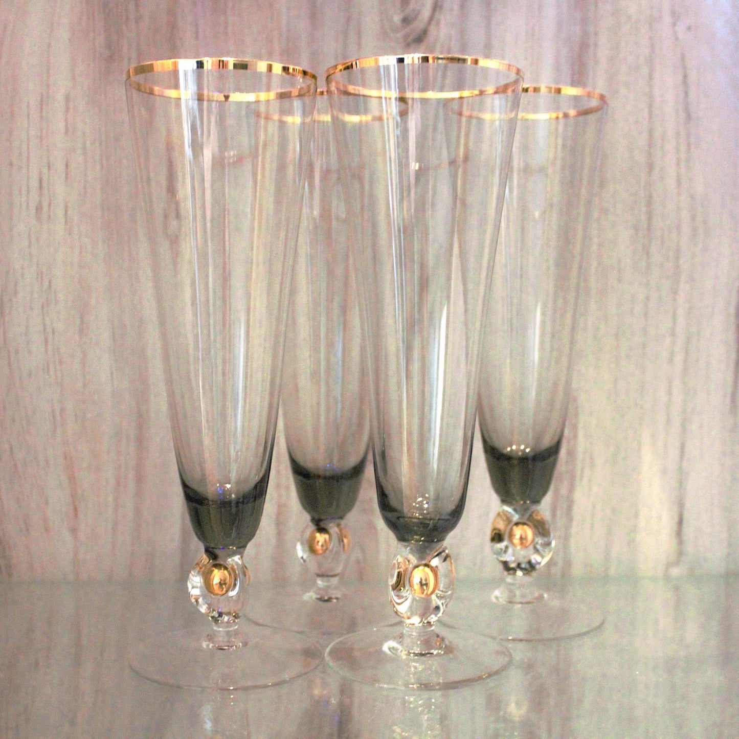 Vintage Jozef Stanik Smokey Black and gold Cocktail Glasses, Gold Ball Stem, Art Deco Barware Set of 4, MCM stemware