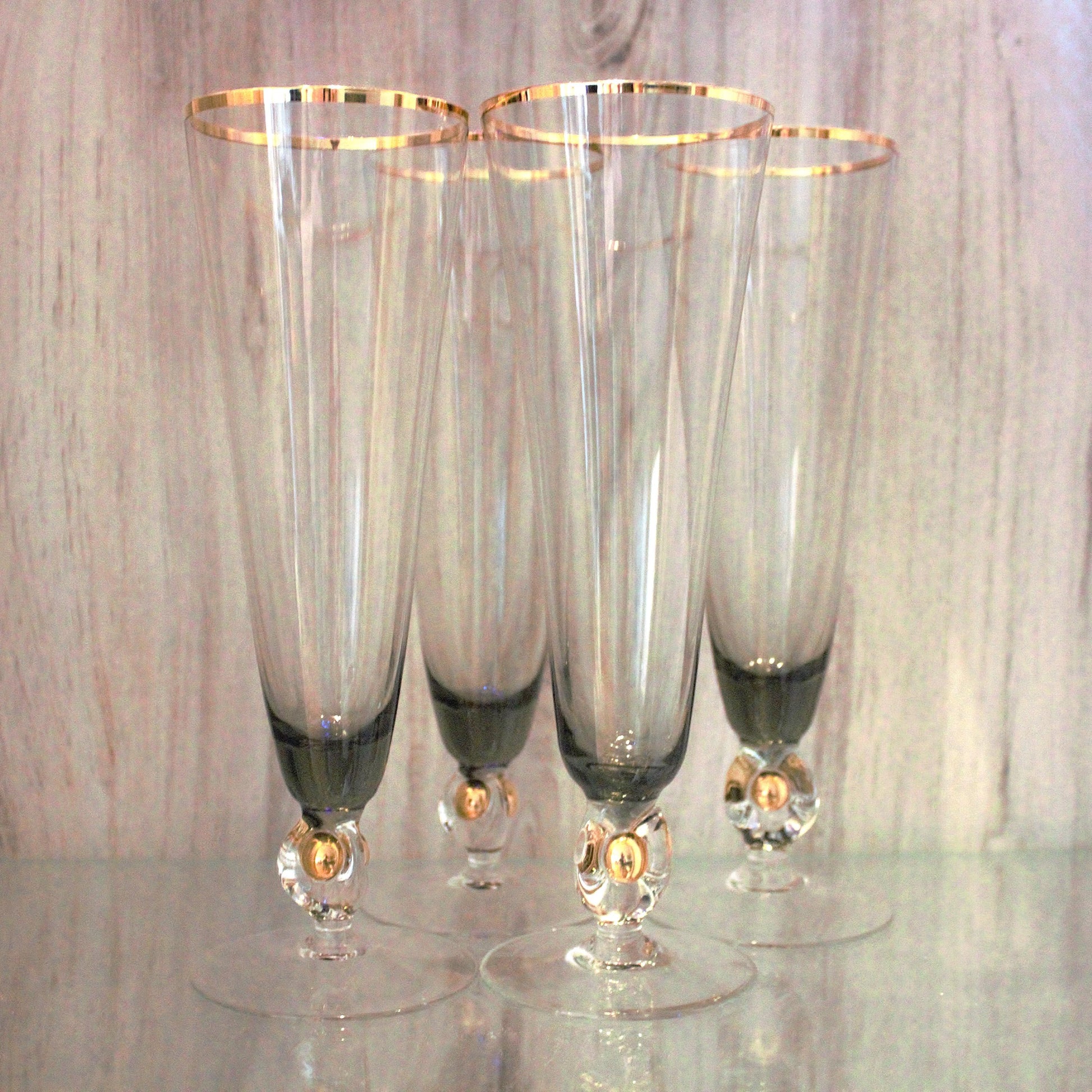 Vintage Jozef Stanik Smokey Black and gold Cocktail Glasses, Gold Ball Stem, Art Deco Barware Set of 4, MCM stemware